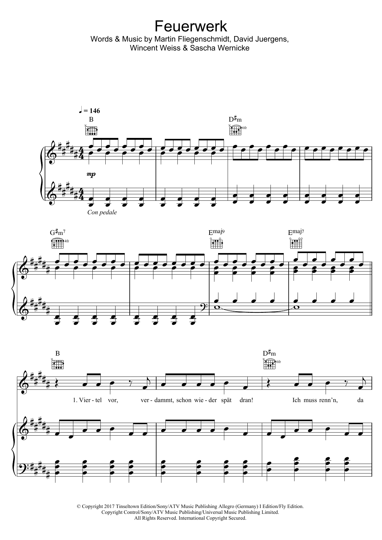 Wincent Weiss Feuerwerk sheet music notes and chords arranged for Piano, Vocal & Guitar Chords