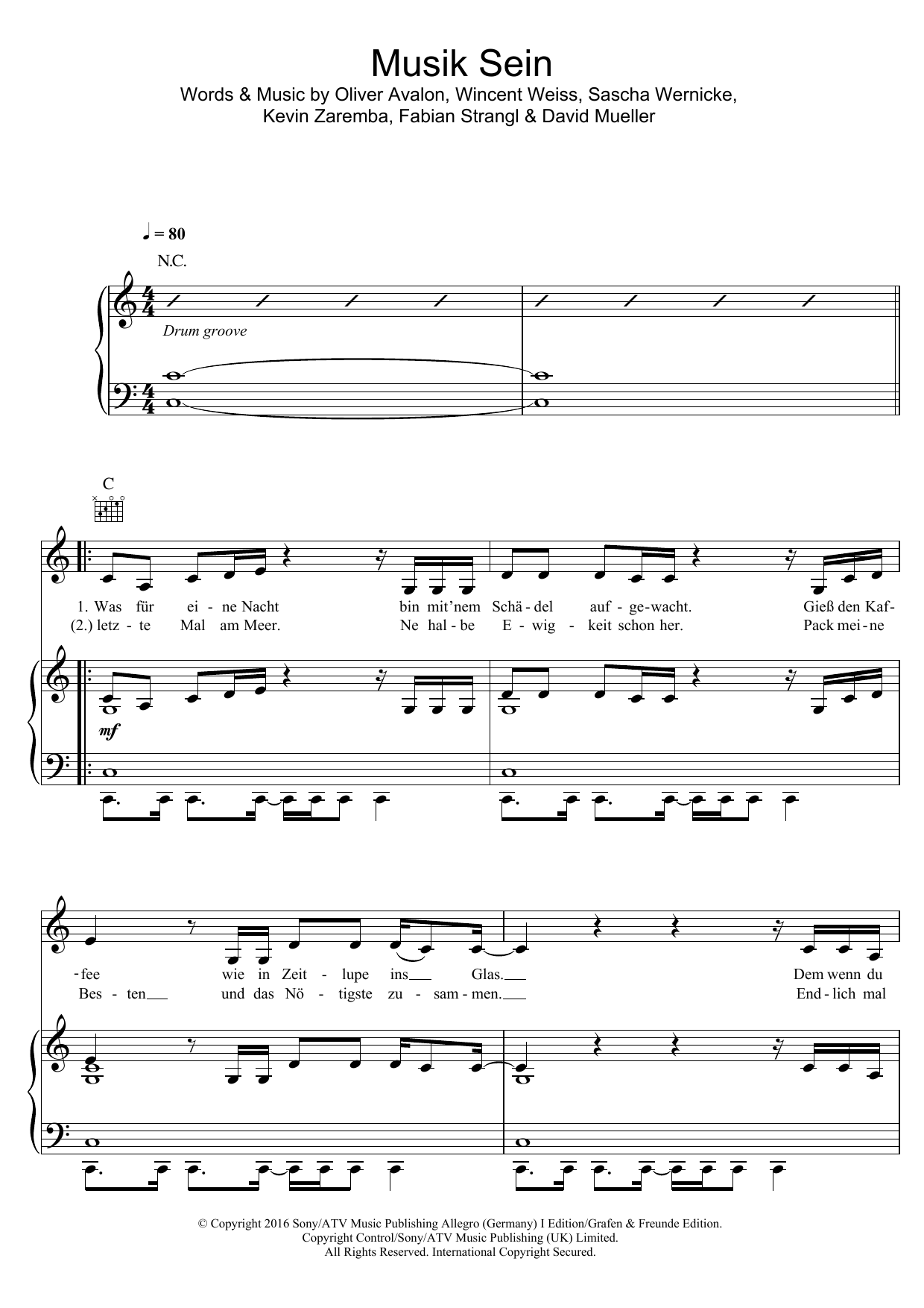 Wincent Weiss Musik Sein sheet music notes and chords arranged for Piano, Vocal & Guitar Chords (Right-Hand Melody)