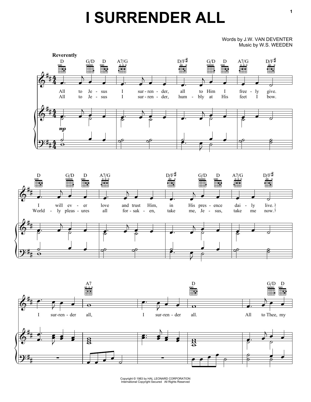 Winfield S. Weeden I Surrender All sheet music notes and chords arranged for Piano, Vocal & Guitar Chords (Right-Hand Melody)
