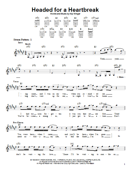 Winger Headed For A Heartbreak sheet music notes and chords arranged for Guitar Chords/Lyrics