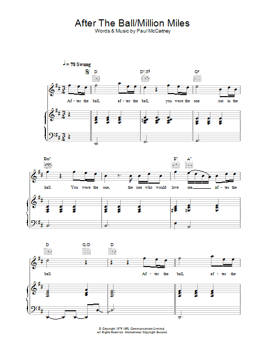Wings After The Ball/Million Miles sheet music notes and chords arranged for Piano, Vocal & Guitar Chords
