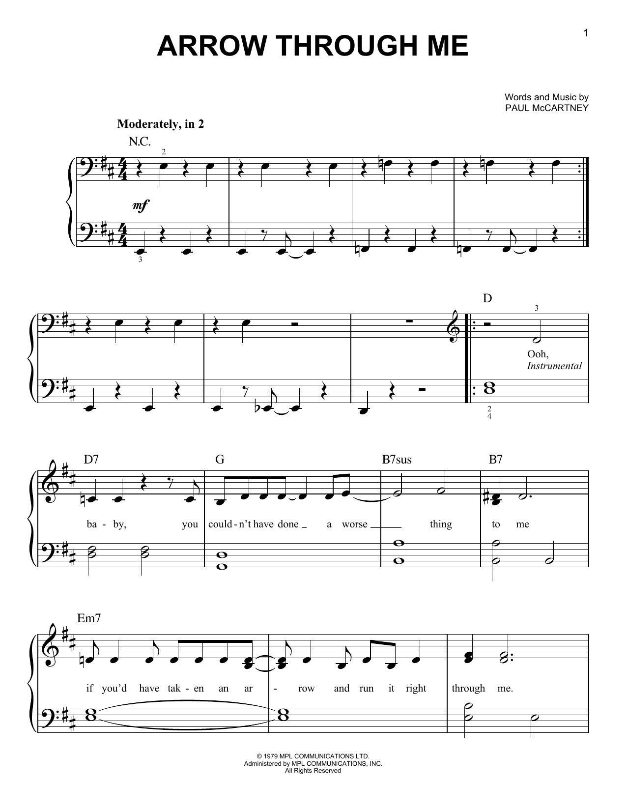 Wings Arrow Through Me sheet music notes and chords arranged for Easy Piano