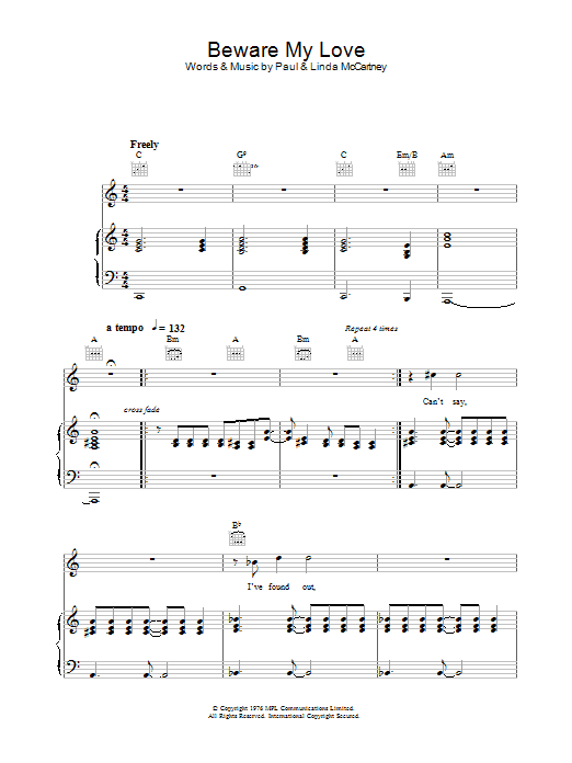 Wings Beware My Love sheet music notes and chords arranged for Piano, Vocal & Guitar Chords