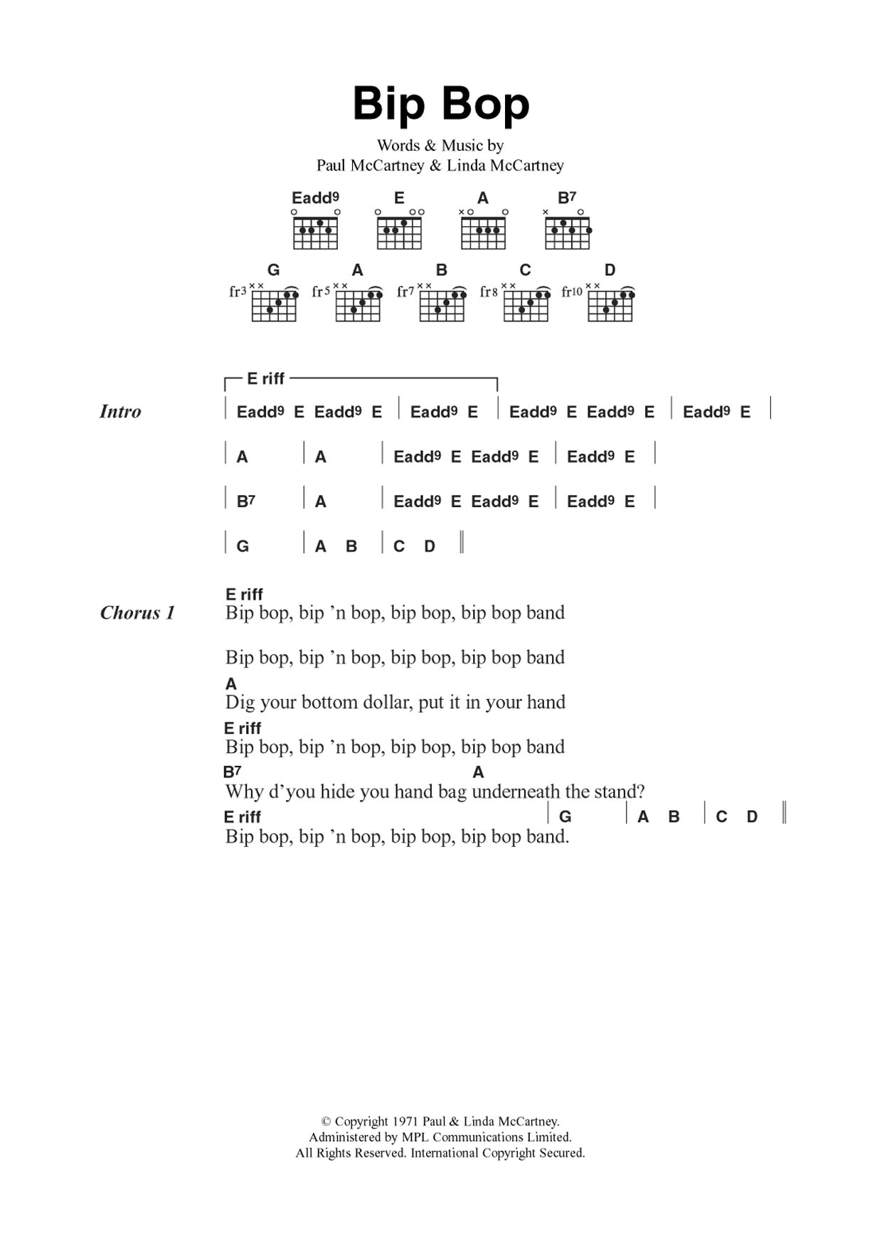 Wings Bip Bop/Hey Diddle sheet music notes and chords arranged for Guitar Chords/Lyrics