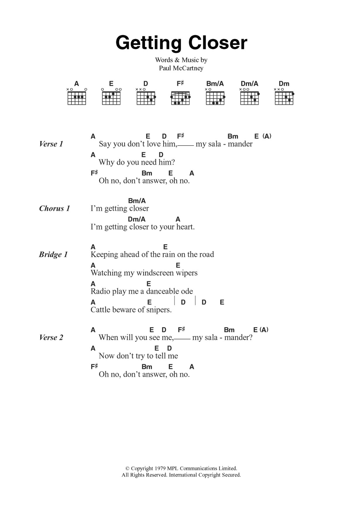 Wings Getting Closer sheet music notes and chords arranged for Guitar Chords/Lyrics