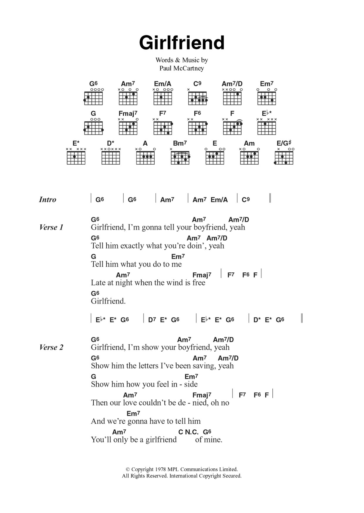 Wings Girlfriend sheet music notes and chords arranged for Guitar Chords/Lyrics