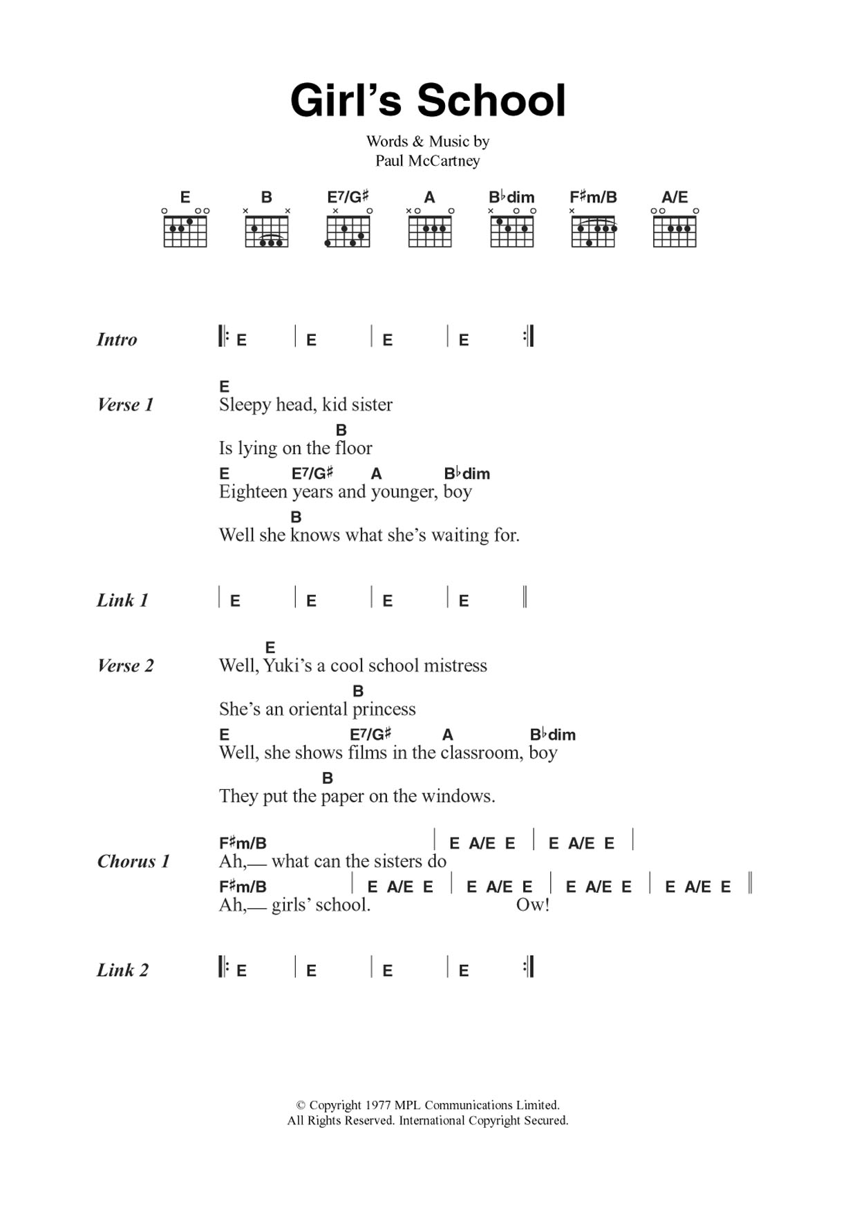 Wings Girls' School sheet music notes and chords arranged for Guitar Chords/Lyrics