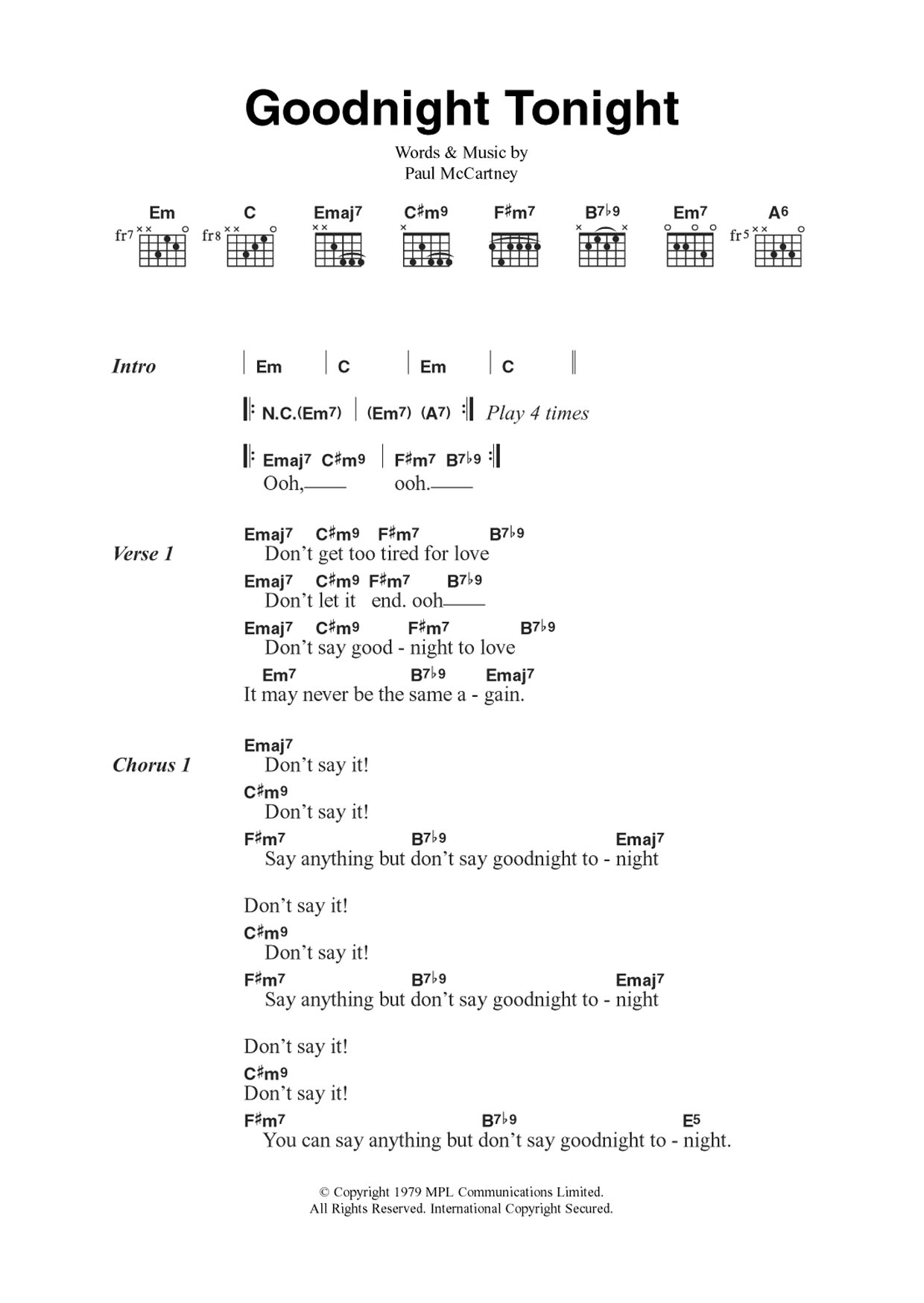 Wings Goodnight Tonight sheet music notes and chords arranged for Guitar Chords/Lyrics