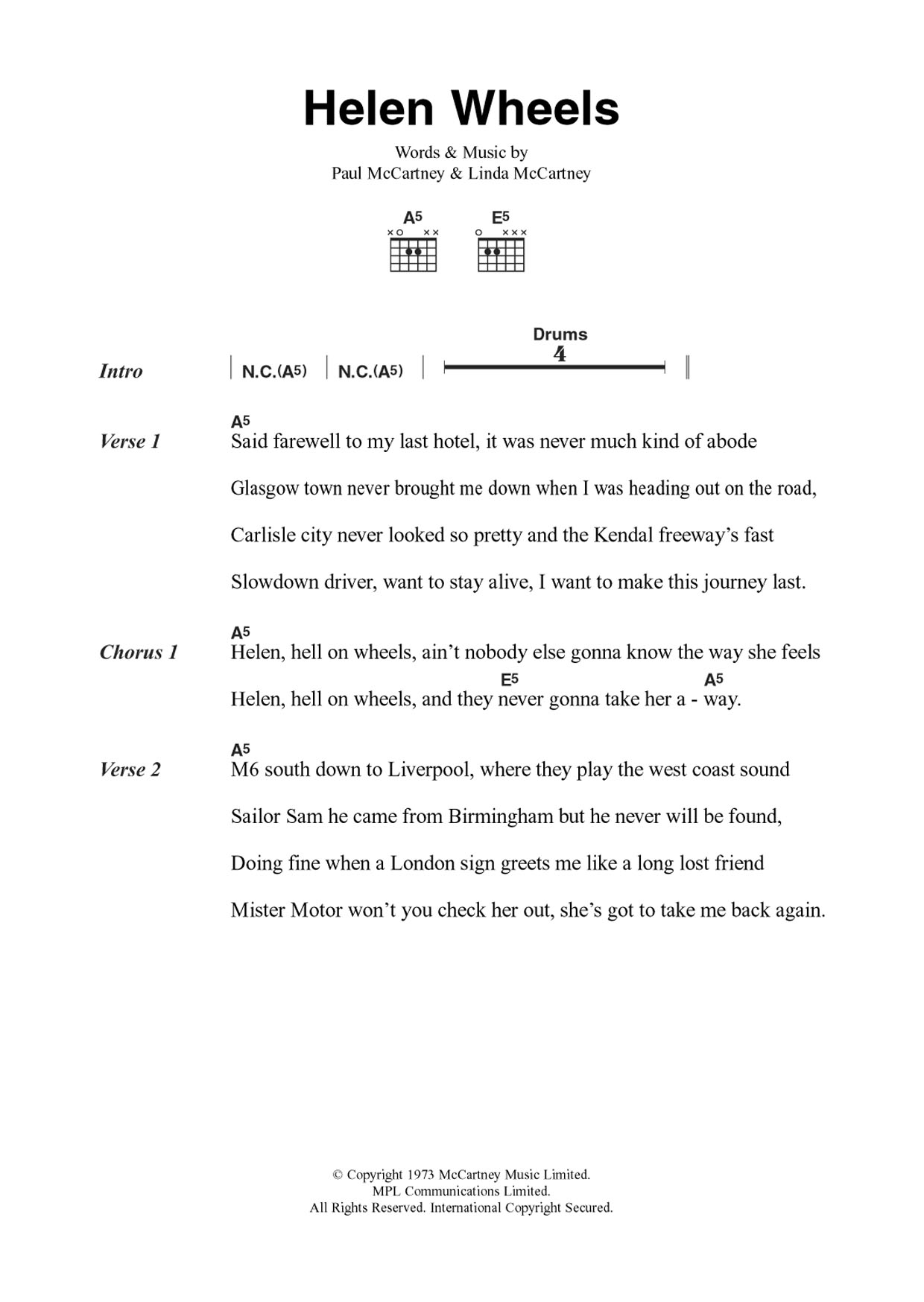 Wings Helen Wheels sheet music notes and chords arranged for Guitar Chords/Lyrics