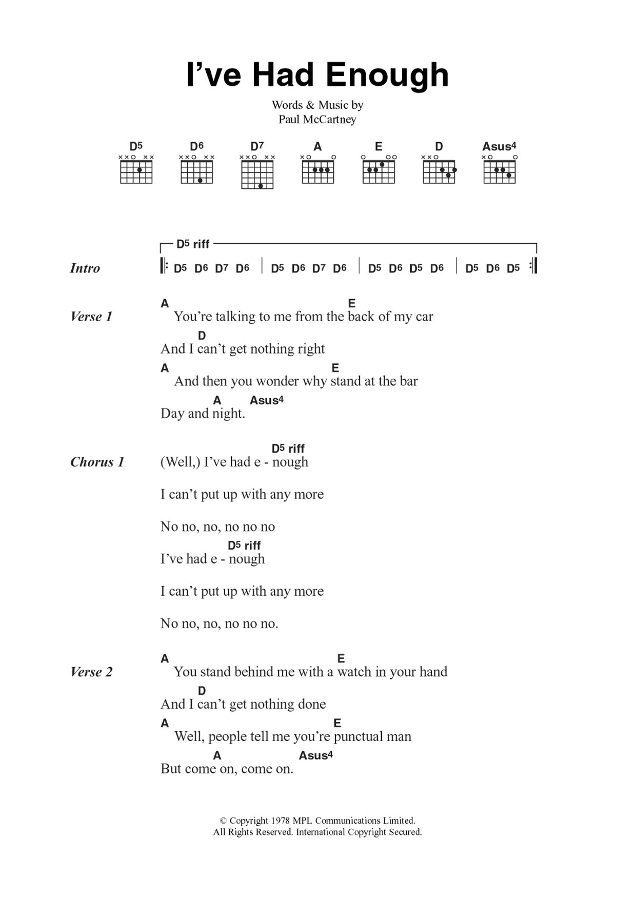 Wings I've Had Enough sheet music notes and chords arranged for Guitar Chords/Lyrics