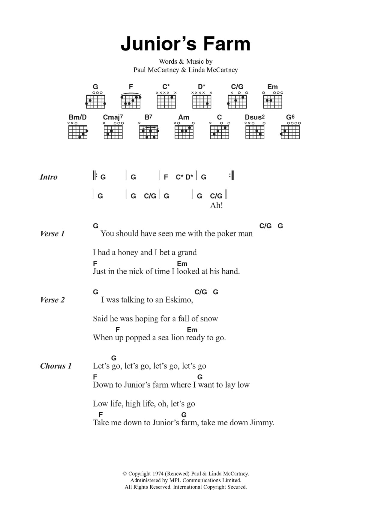 Wings Junior's Farm sheet music notes and chords arranged for Guitar Chords/Lyrics