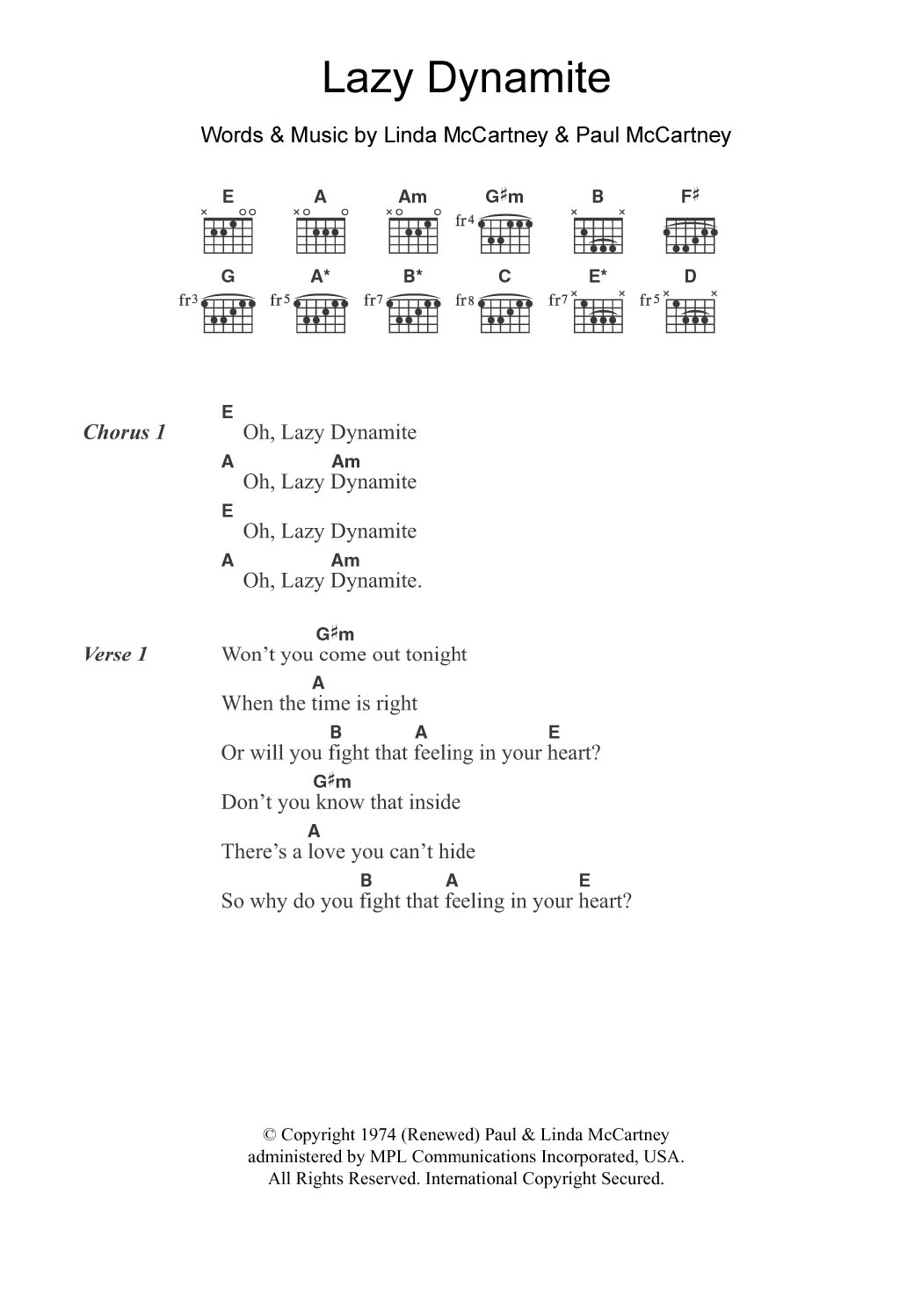 Wings Lazy Dynamite sheet music notes and chords arranged for Guitar Chords/Lyrics
