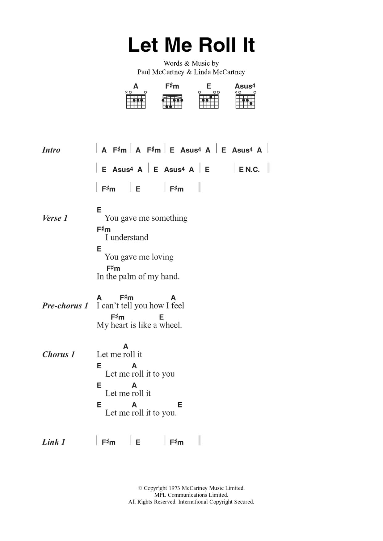 Wings Let Me Roll It sheet music notes and chords arranged for Guitar Chords/Lyrics