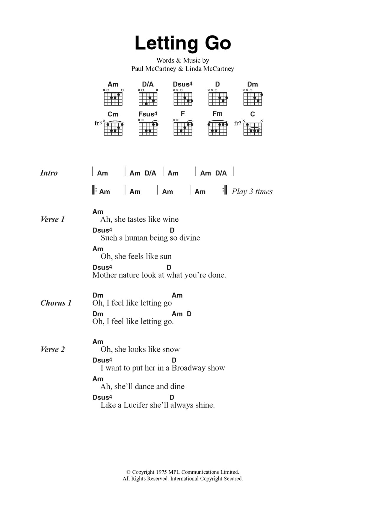 Wings Letting Go sheet music notes and chords arranged for Guitar Chords/Lyrics