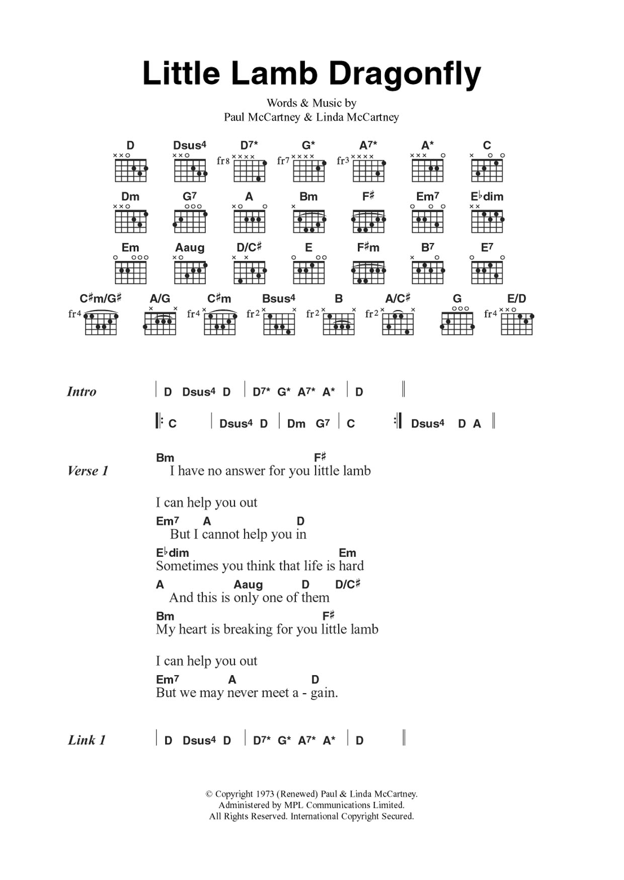 Wings Little Lamb Dragonfly sheet music notes and chords arranged for Guitar Chords/Lyrics
