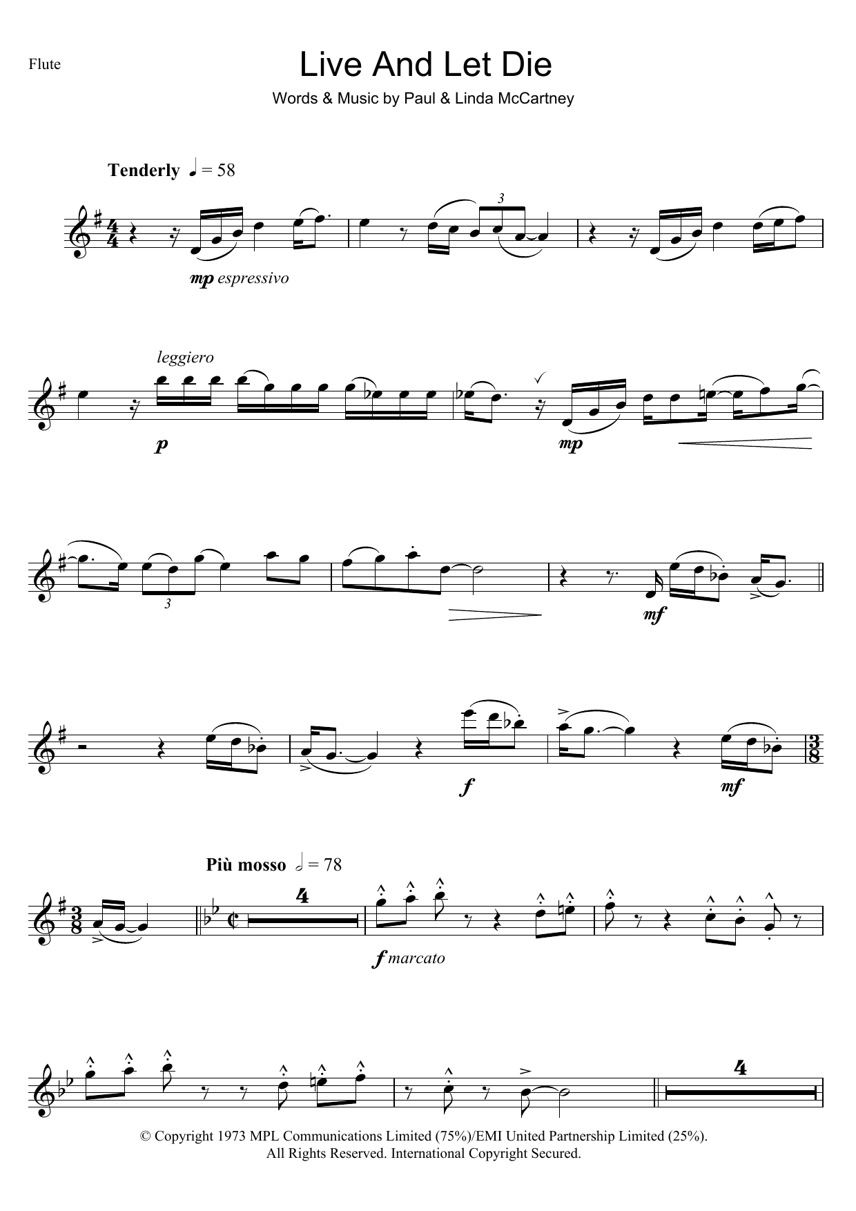 Wings Live And Let Die sheet music notes and chords arranged for Flute Solo