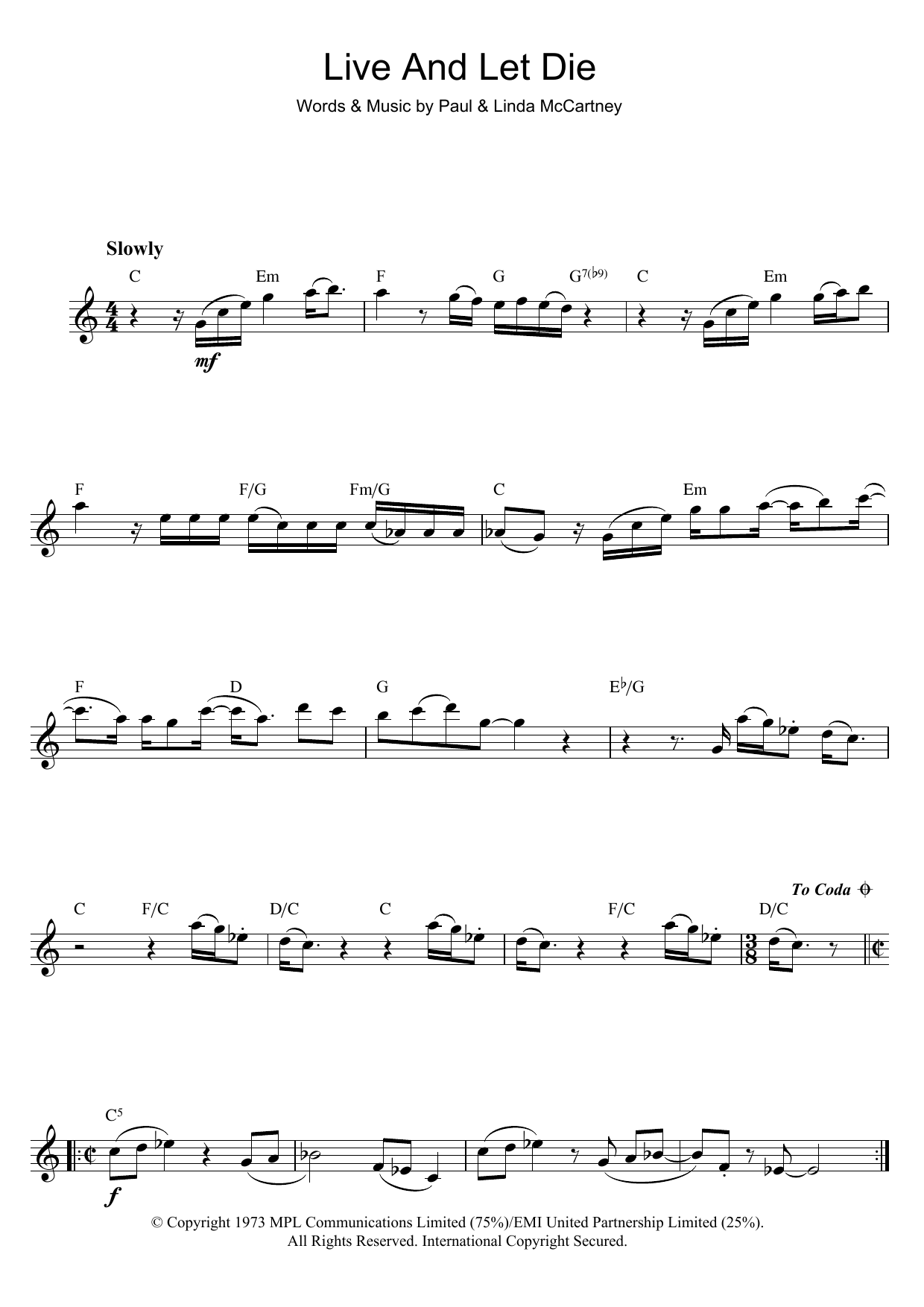 Wings Live And Let Die (theme from the James Bond film) sheet music notes and chords arranged for Guitar Chords/Lyrics