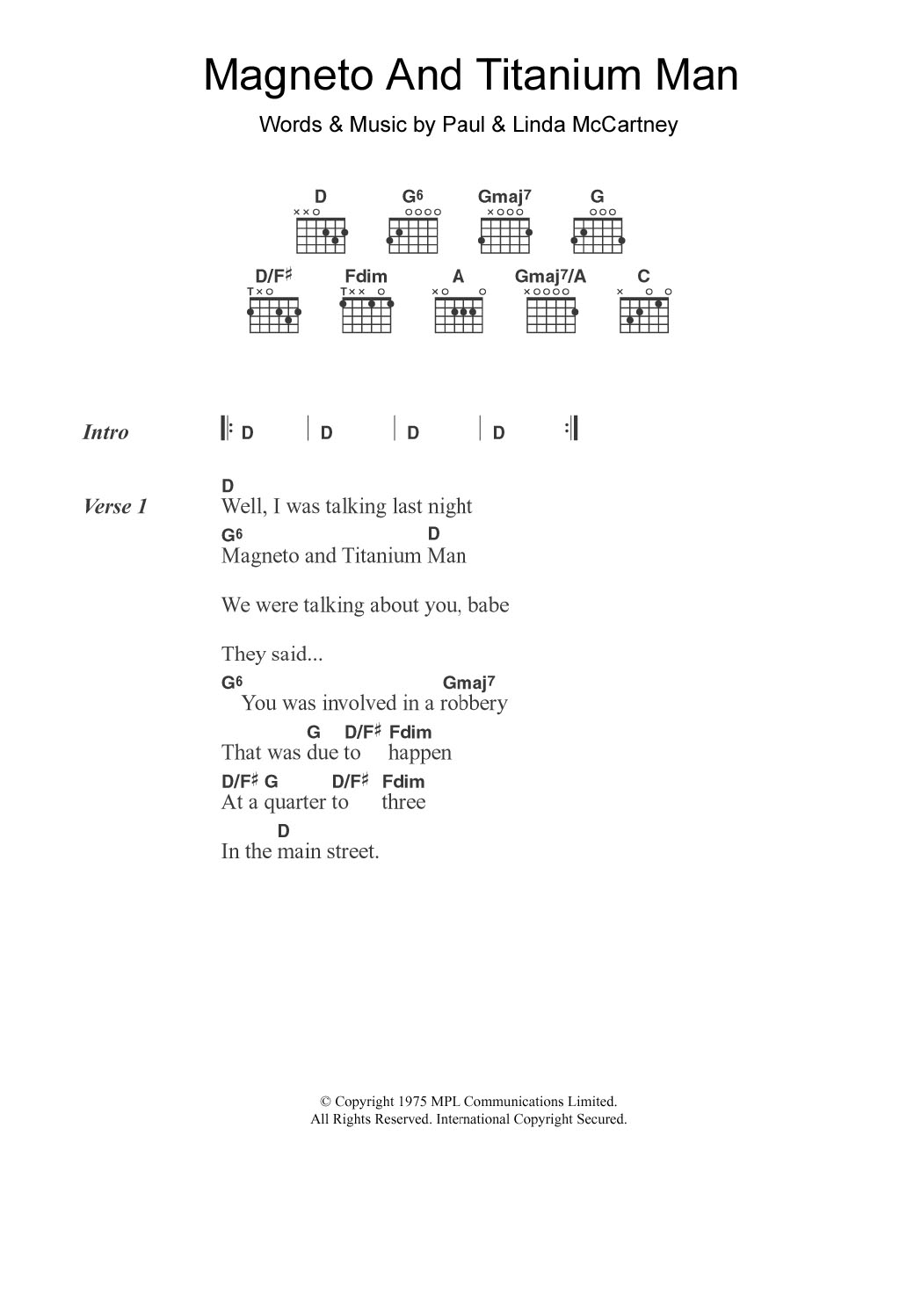 Paul McCartney & Wings Magneto And Titanium Man sheet music notes and chords arranged for Guitar Chords/Lyrics