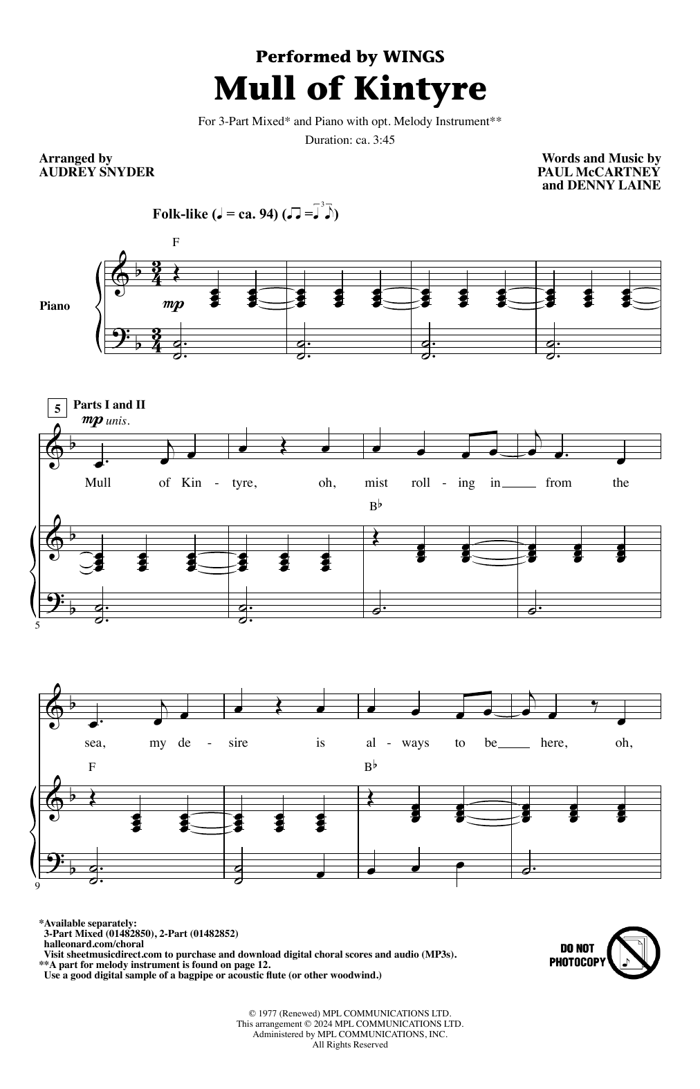 Wings Mull Of Kintyre (arr. Audrey Snyder) sheet music notes and chords arranged for 3-Part Mixed Choir