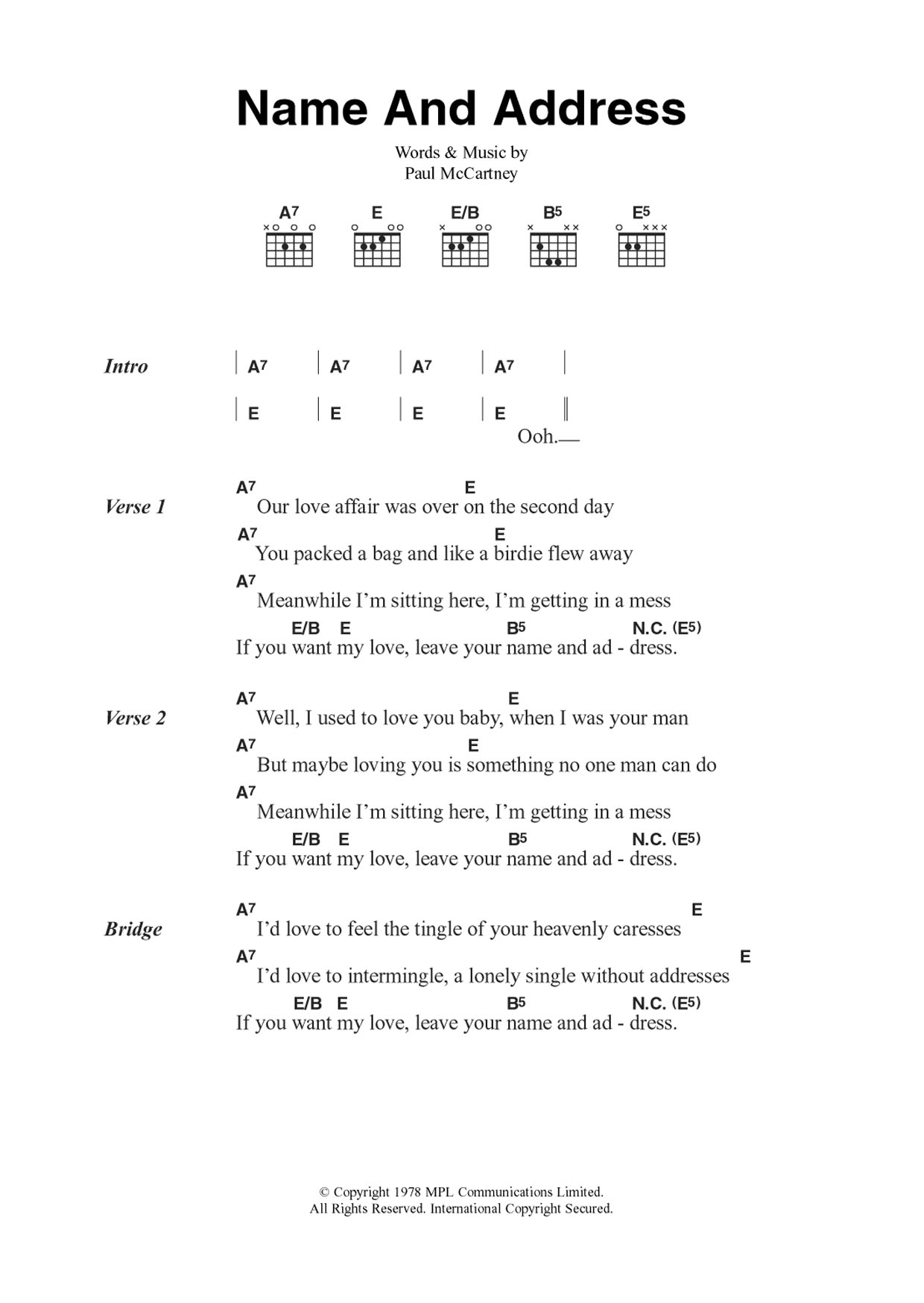 Wings Name And Address sheet music notes and chords arranged for Guitar Chords/Lyrics