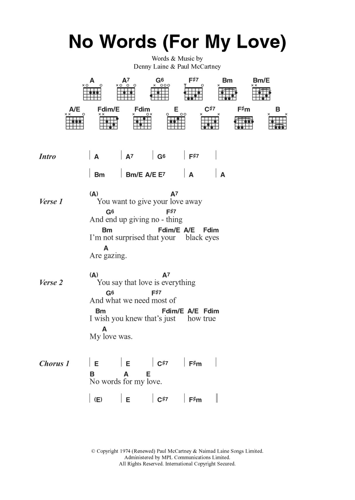 Wings No Words (For My Love) sheet music notes and chords arranged for Guitar Chords/Lyrics