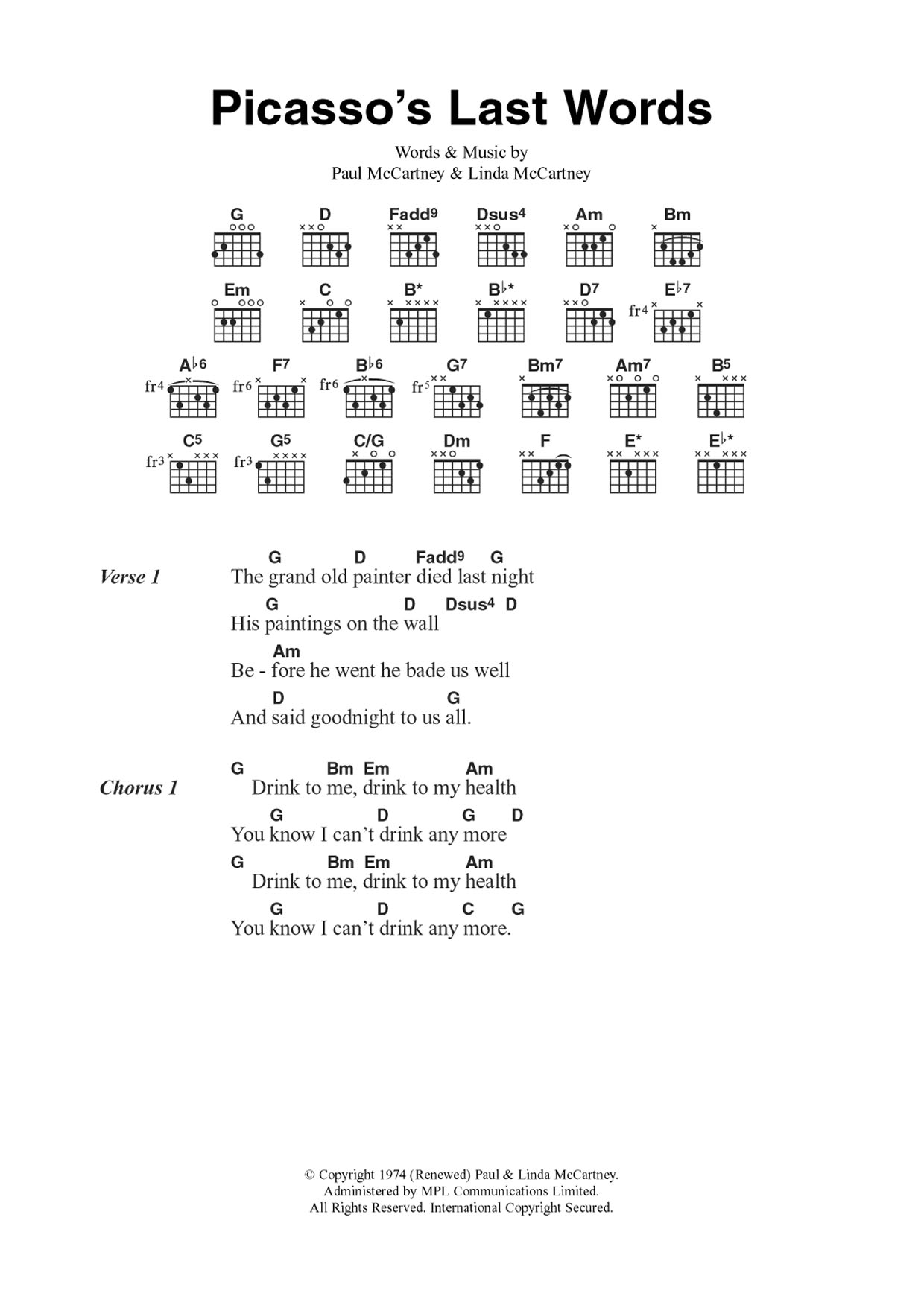 Wings Picasso's Last Words sheet music notes and chords arranged for Guitar Chords/Lyrics