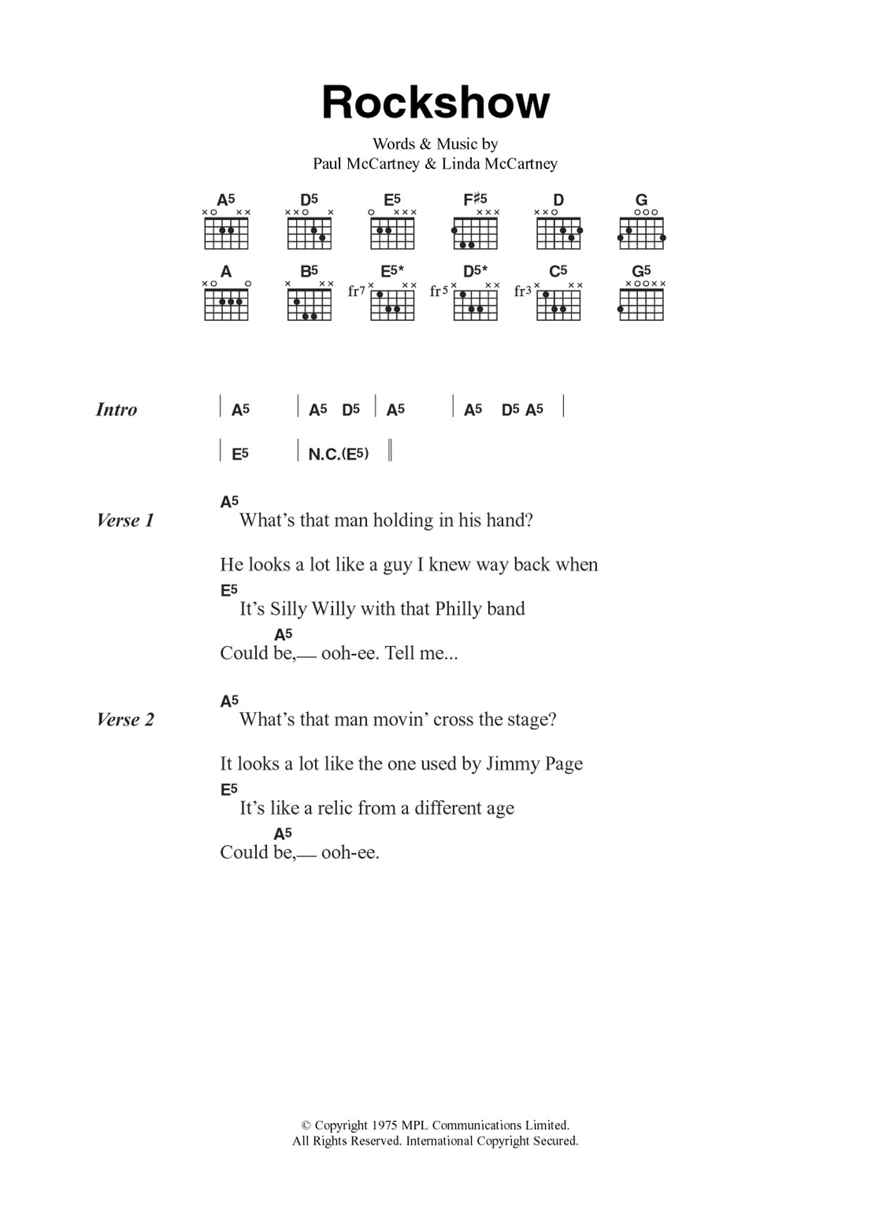 Wings Rockshow sheet music notes and chords arranged for Guitar Chords/Lyrics