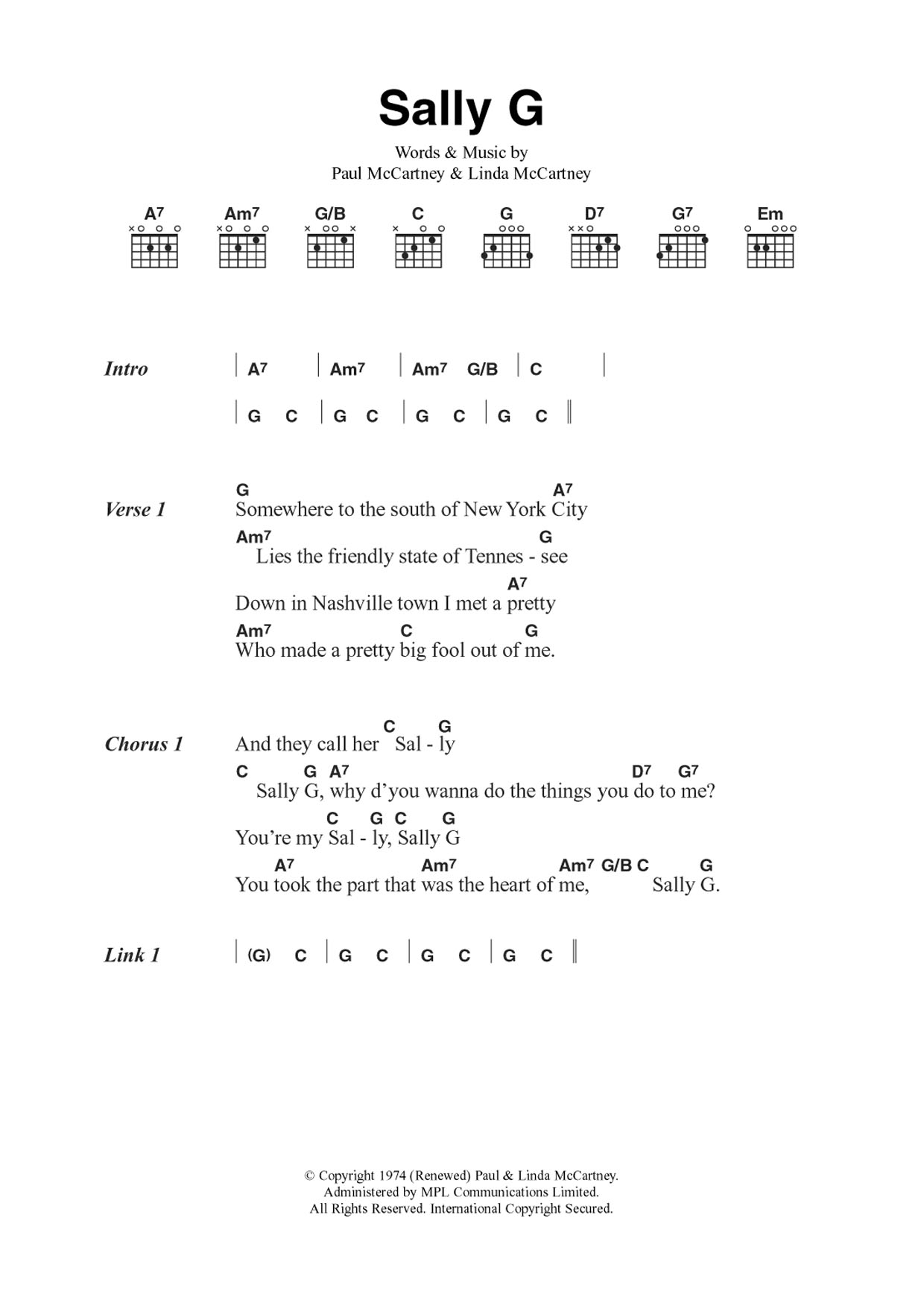 Wings Sally G sheet music notes and chords arranged for Guitar Chords/Lyrics