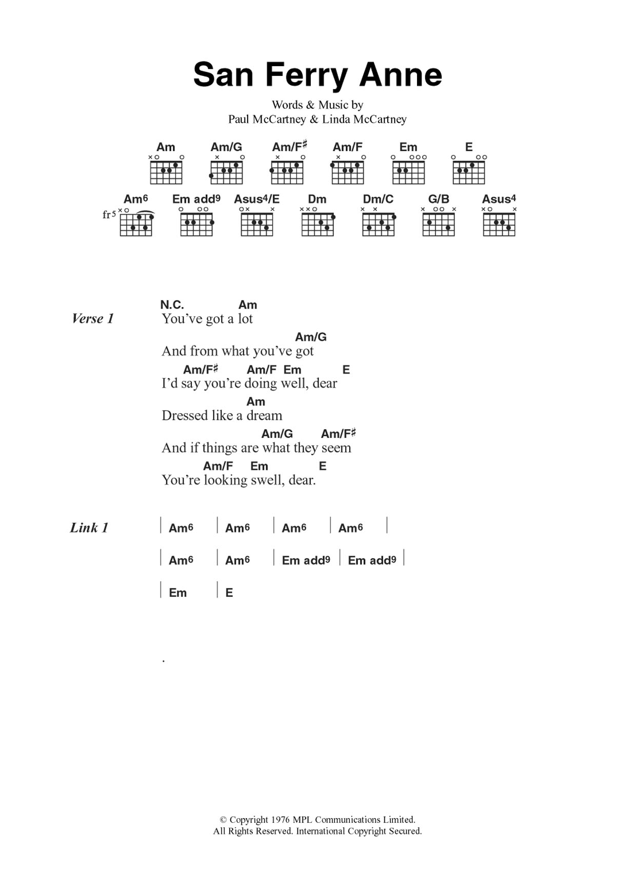 Wings San Ferry Anne sheet music notes and chords arranged for Guitar Chords/Lyrics