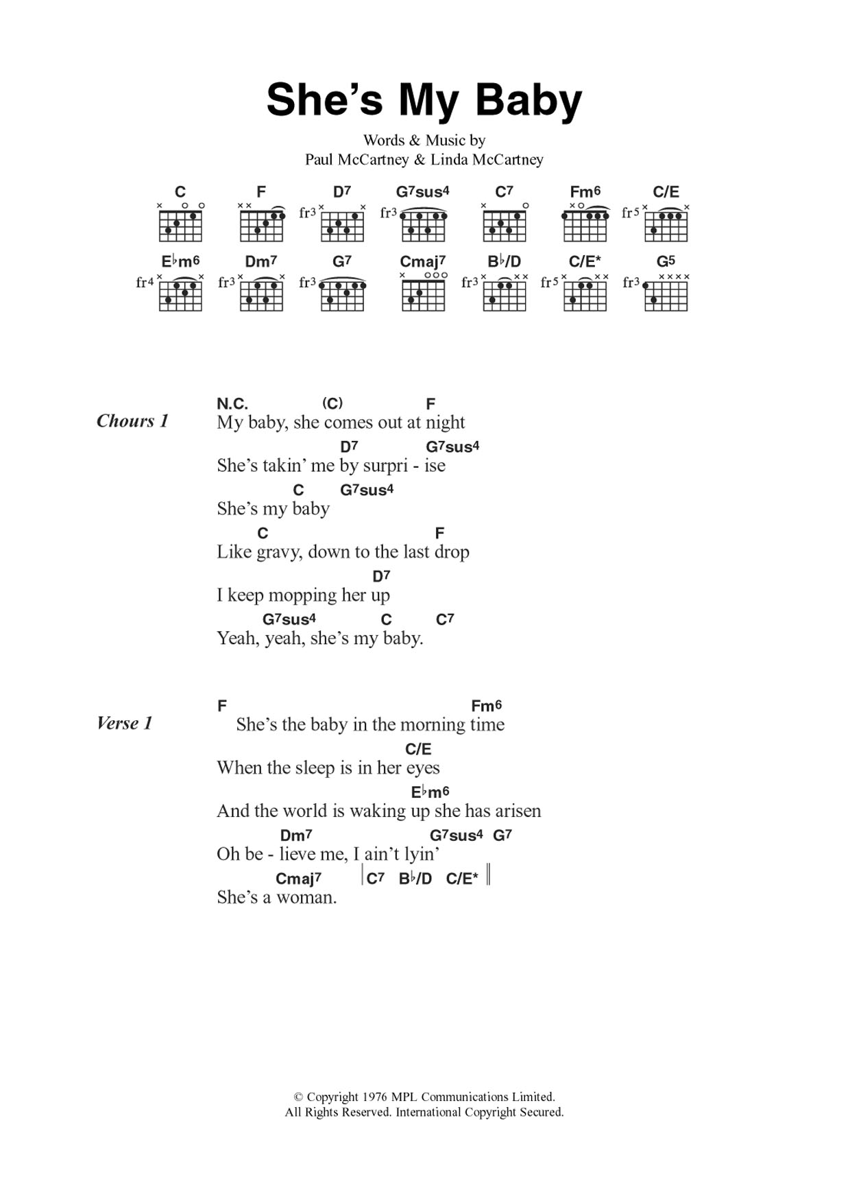 Wings She's My Baby sheet music notes and chords arranged for Guitar Chords/Lyrics