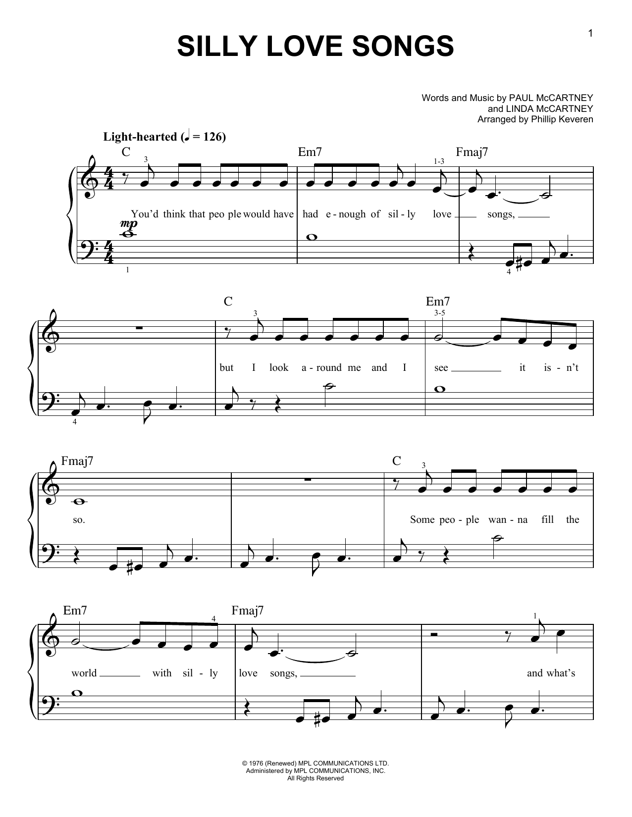 Wings Silly Love Songs (arr. Phillip Keveren) sheet music notes and chords arranged for Piano Duet