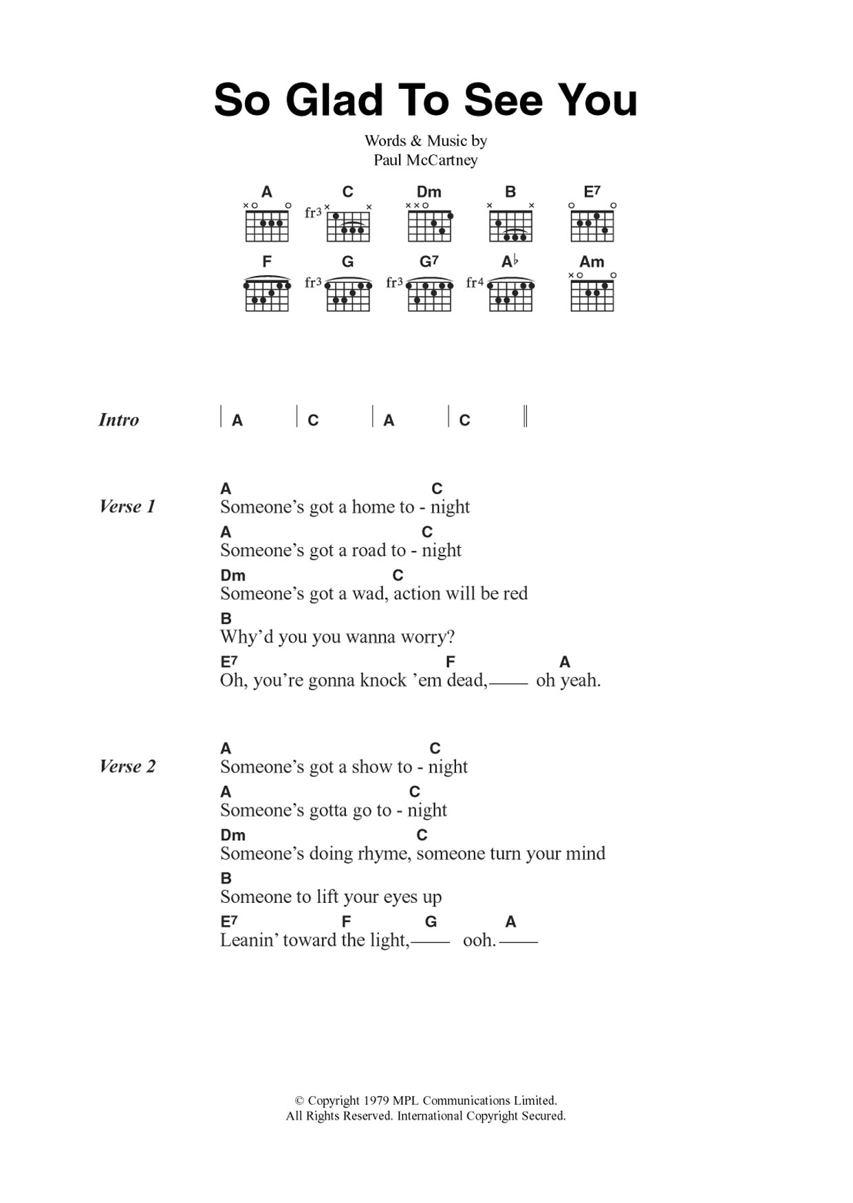 Wings So Glad To See You sheet music notes and chords arranged for Guitar Chords/Lyrics