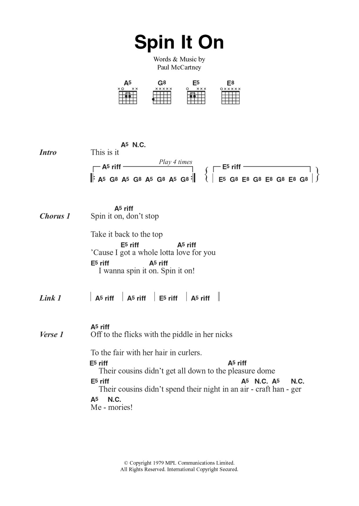 Wings Spin It On sheet music notes and chords arranged for Guitar Chords/Lyrics