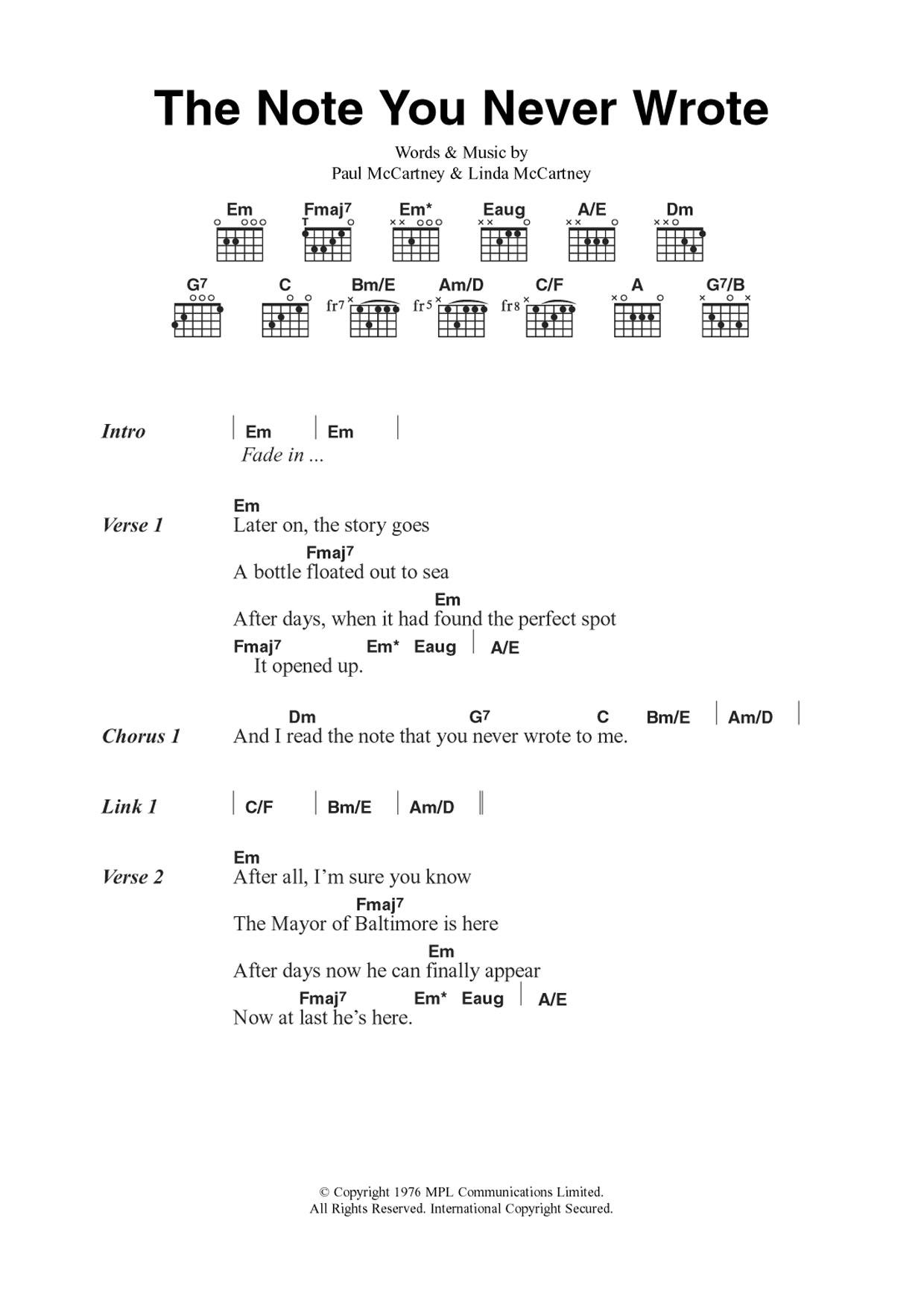 Wings The Note You Never Wrote sheet music notes and chords arranged for Guitar Chords/Lyrics