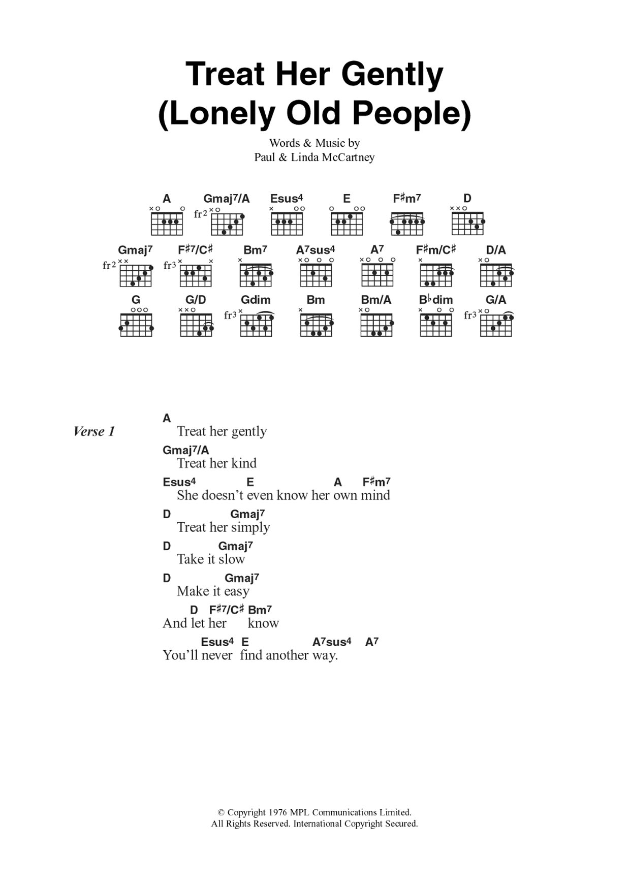 Wings Treat Her Gently (Lonely Old People) sheet music notes and chords arranged for Guitar Chords/Lyrics