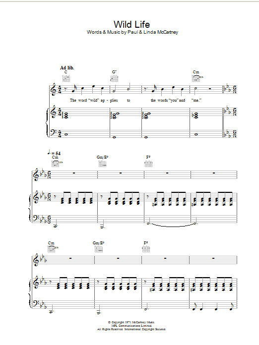 Wings Wild Life sheet music notes and chords arranged for Piano, Vocal & Guitar Chords