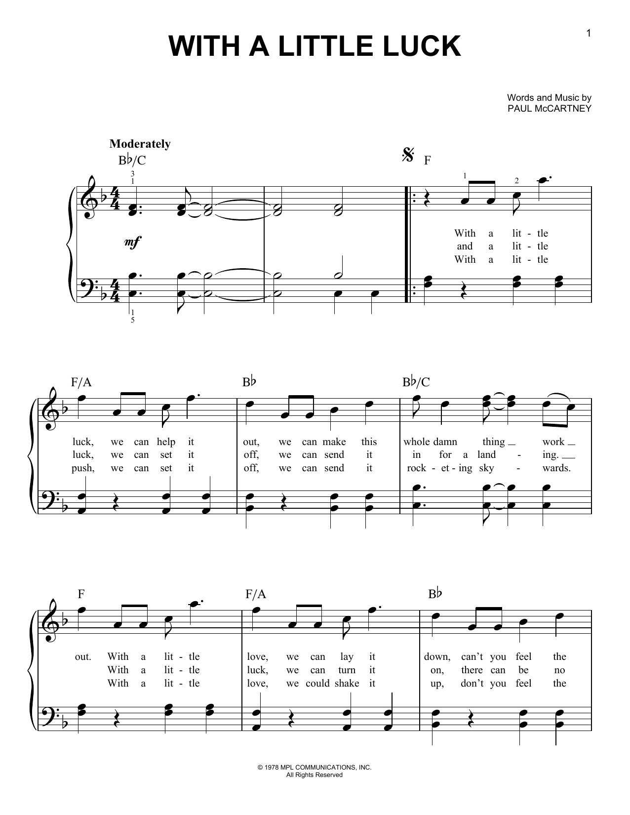 Wings With A Little Luck sheet music notes and chords arranged for Easy Piano