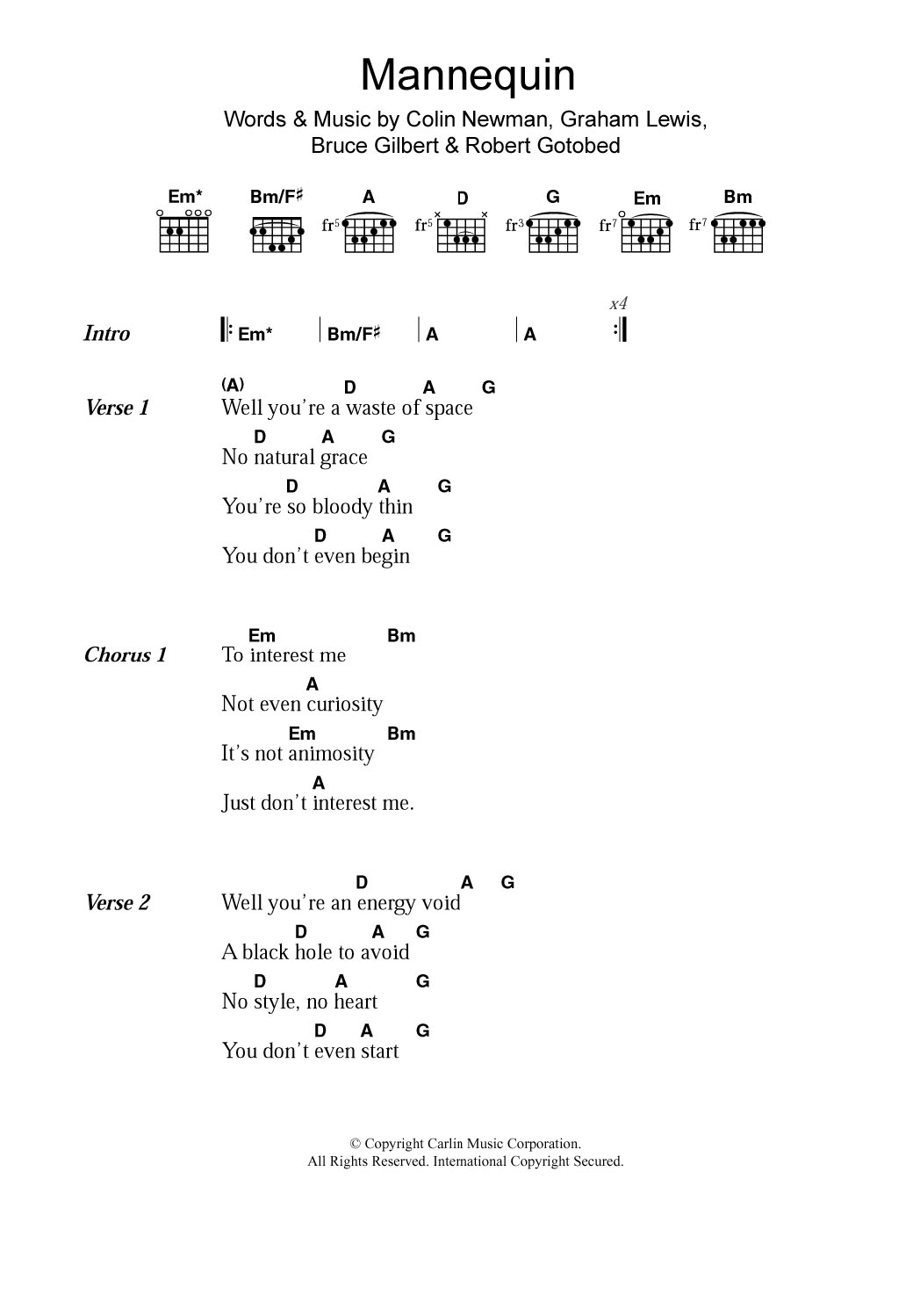 WIRE Mannequin sheet music notes and chords arranged for Guitar Chords/Lyrics