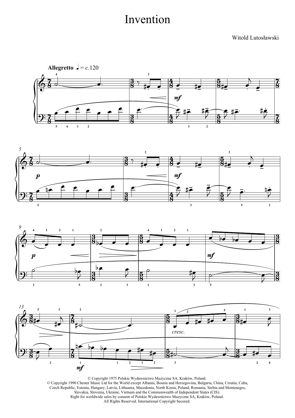 Witold Lutoslawski Invention sheet music notes and chords arranged for Piano Solo