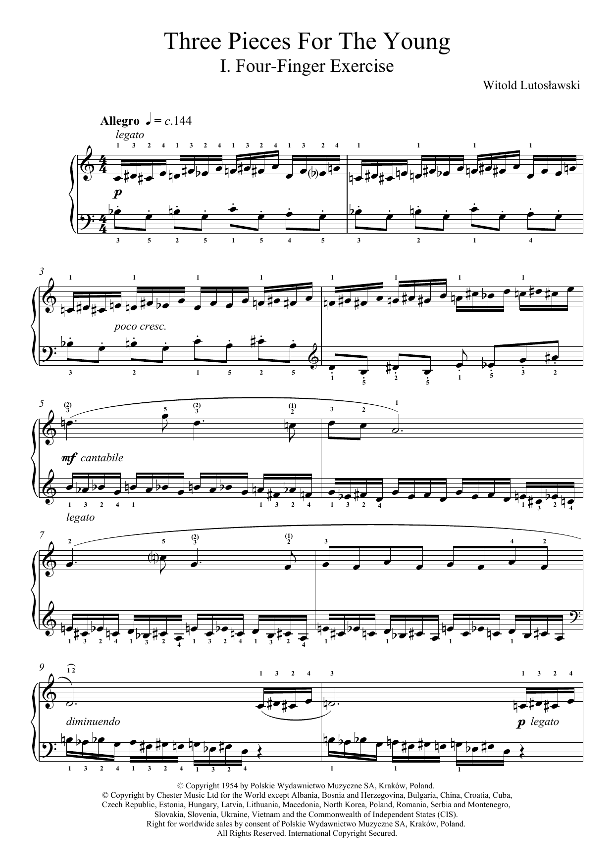 Witold Lutoslawski Three Pieces For The Young, 1. Four Finger Exercise sheet music notes and chords arranged for Piano Solo
