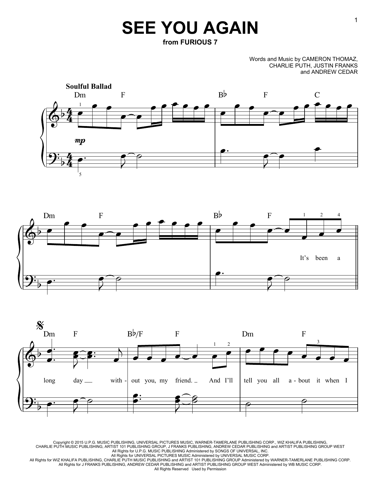 Wiz Khalifa feat. Charlie Puth See You Again sheet music notes and chords arranged for Flute Solo
