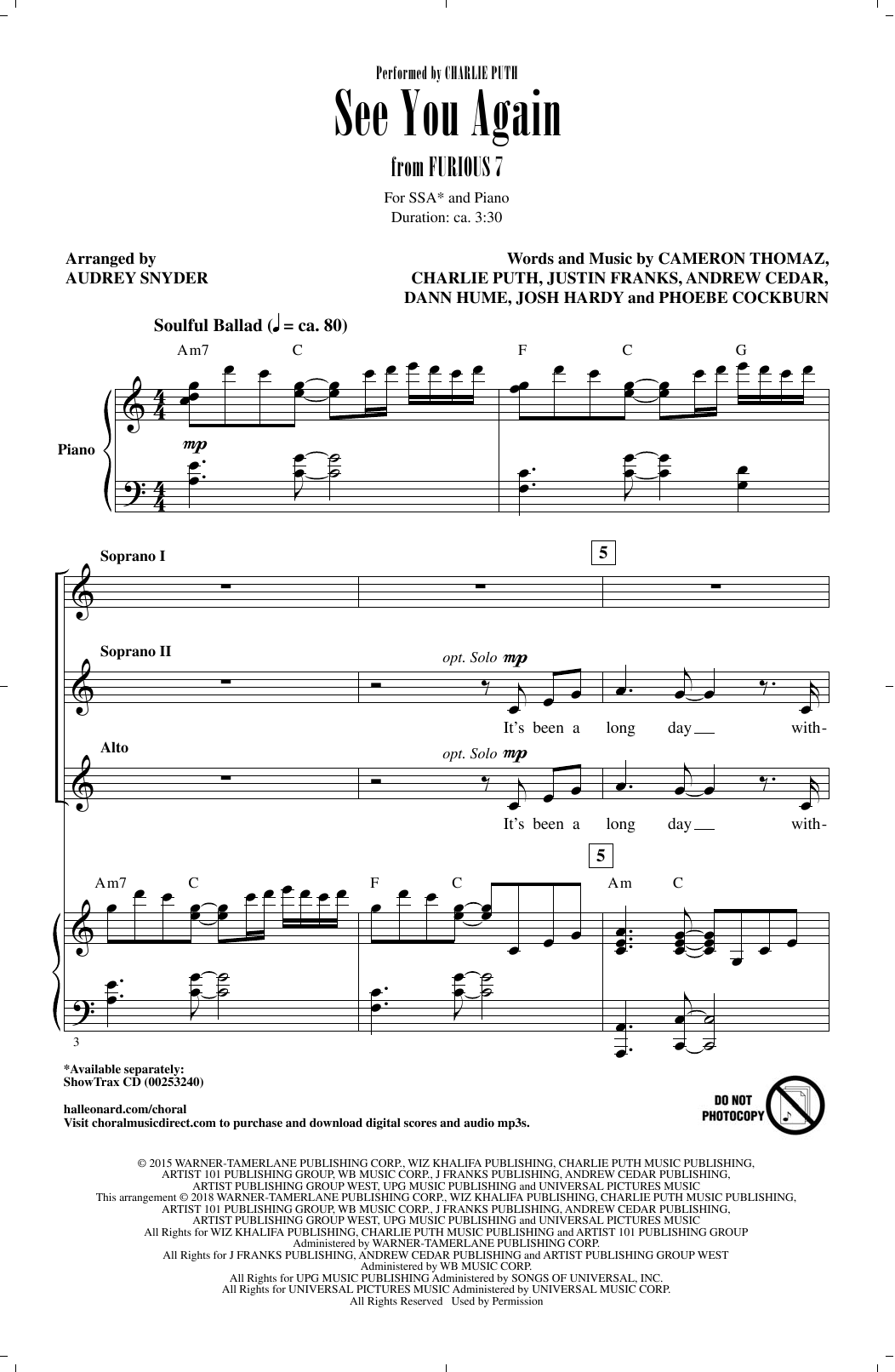 Wiz Khalifa See You Again (feat. Charlie Puth) (arr. Audrey Snyder) sheet music notes and chords arranged for SSA Choir