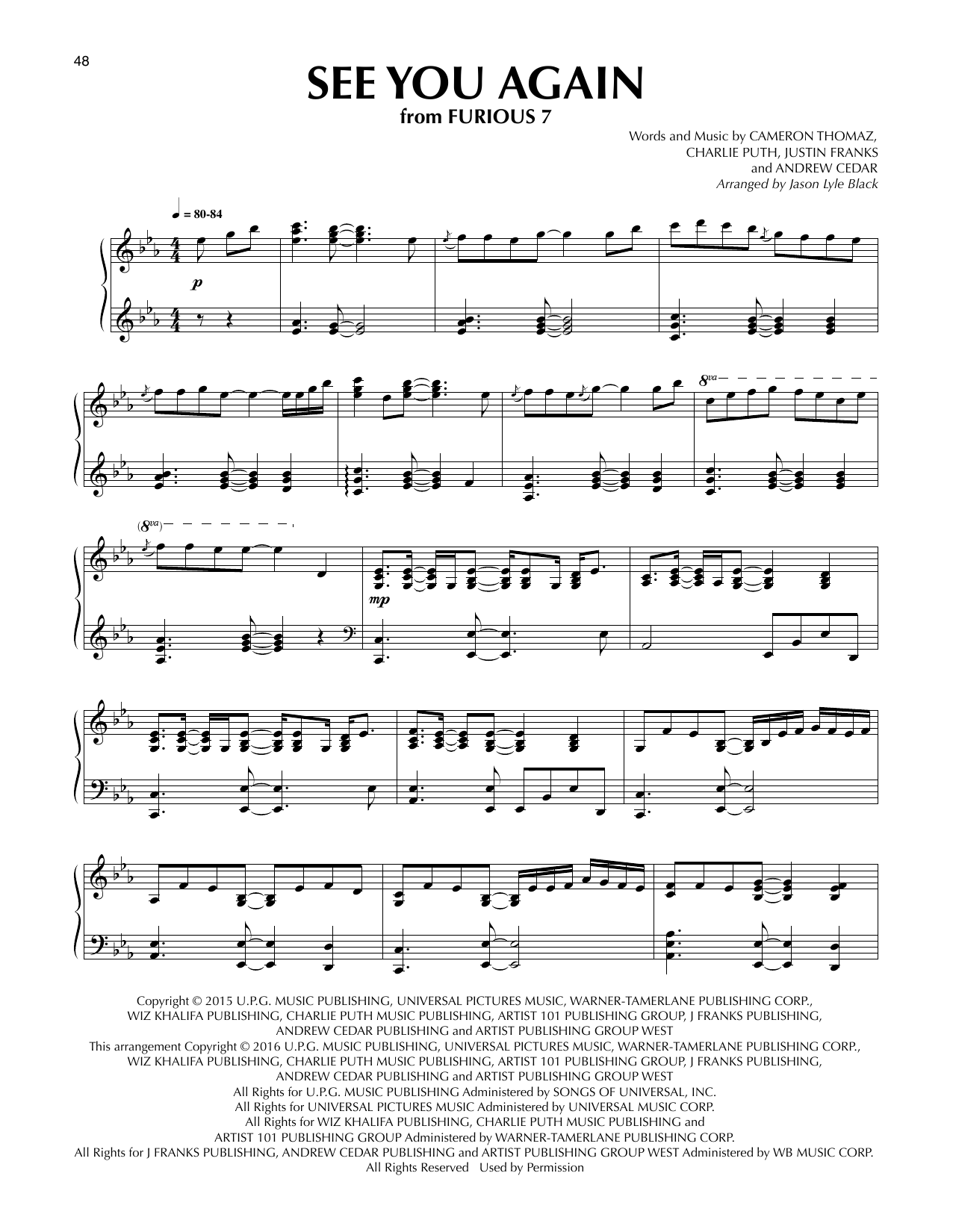 Wiz Khalifa See You Again (feat. Charlie Puth) (arr. Jason Lyle Black) sheet music notes and chords arranged for Piano Solo