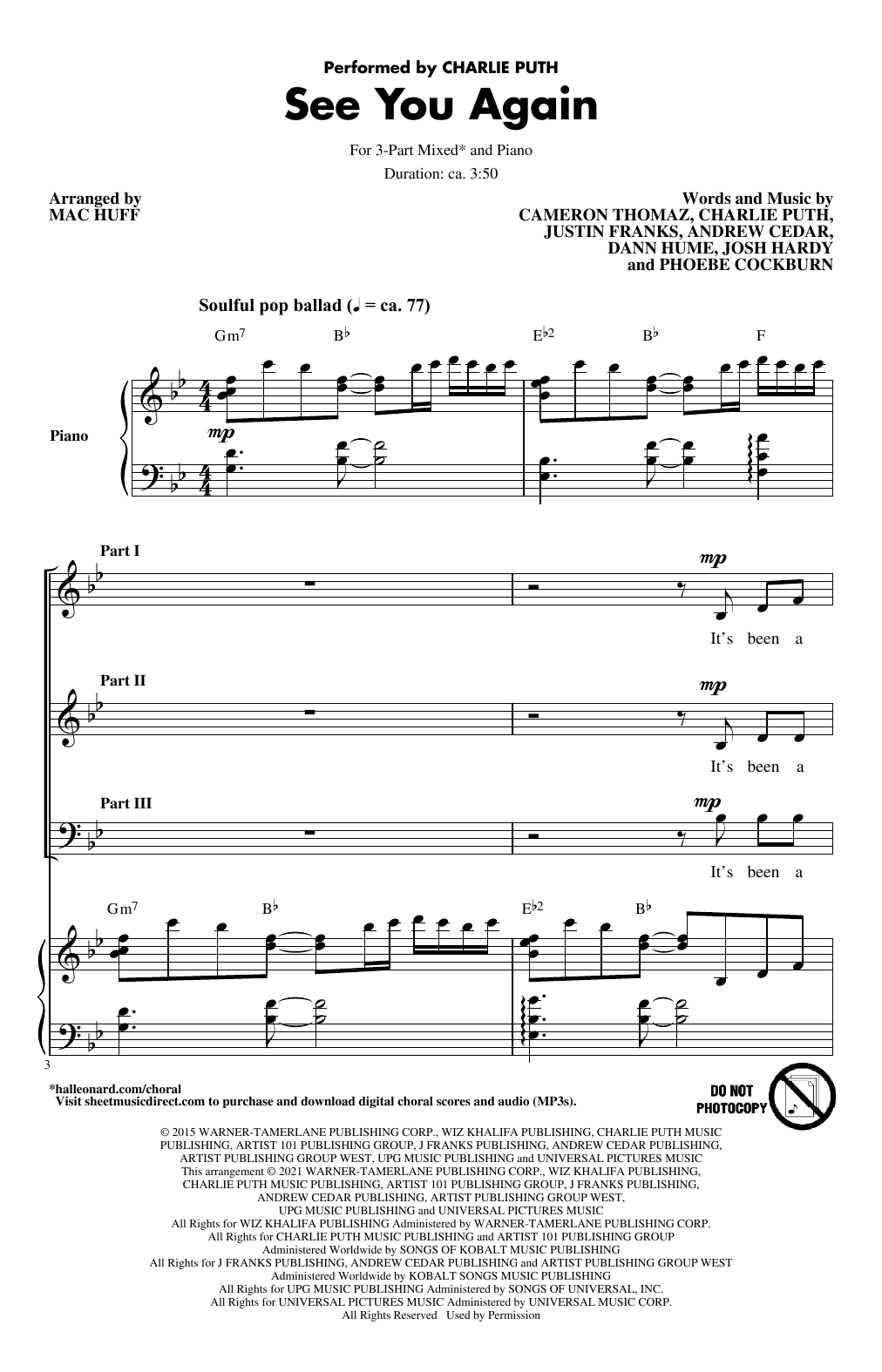 Wiz Khalifa See You Again (feat. Charlie Puth) (arr. Mac Huff) sheet music notes and chords arranged for 3-Part Mixed Choir