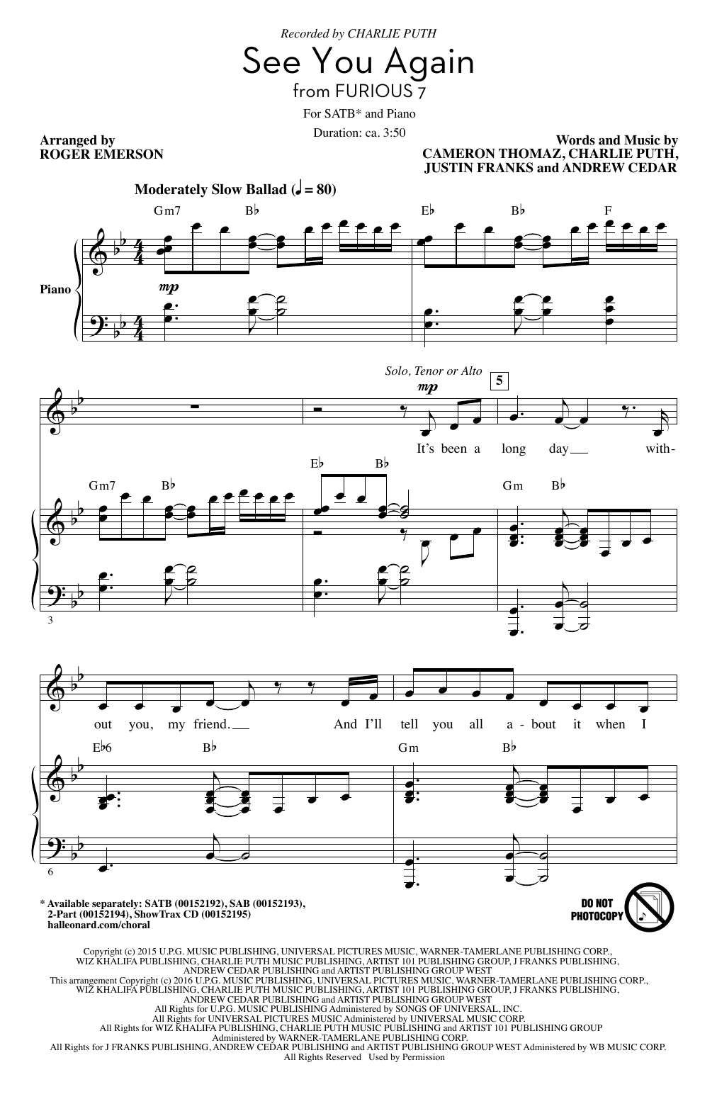 Wiz Khalifa See You Again (feat. Charlie Puth) (arr. Roger Emerson) sheet music notes and chords arranged for SAB Choir