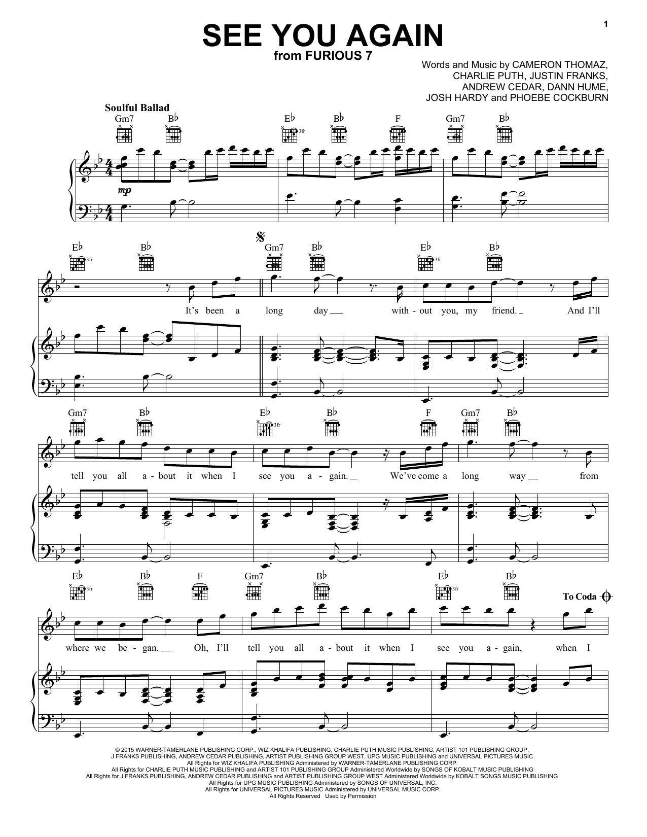Wiz Khalifa See You Again (feat. Charlie Puth) sheet music notes and chords arranged for French Horn Solo