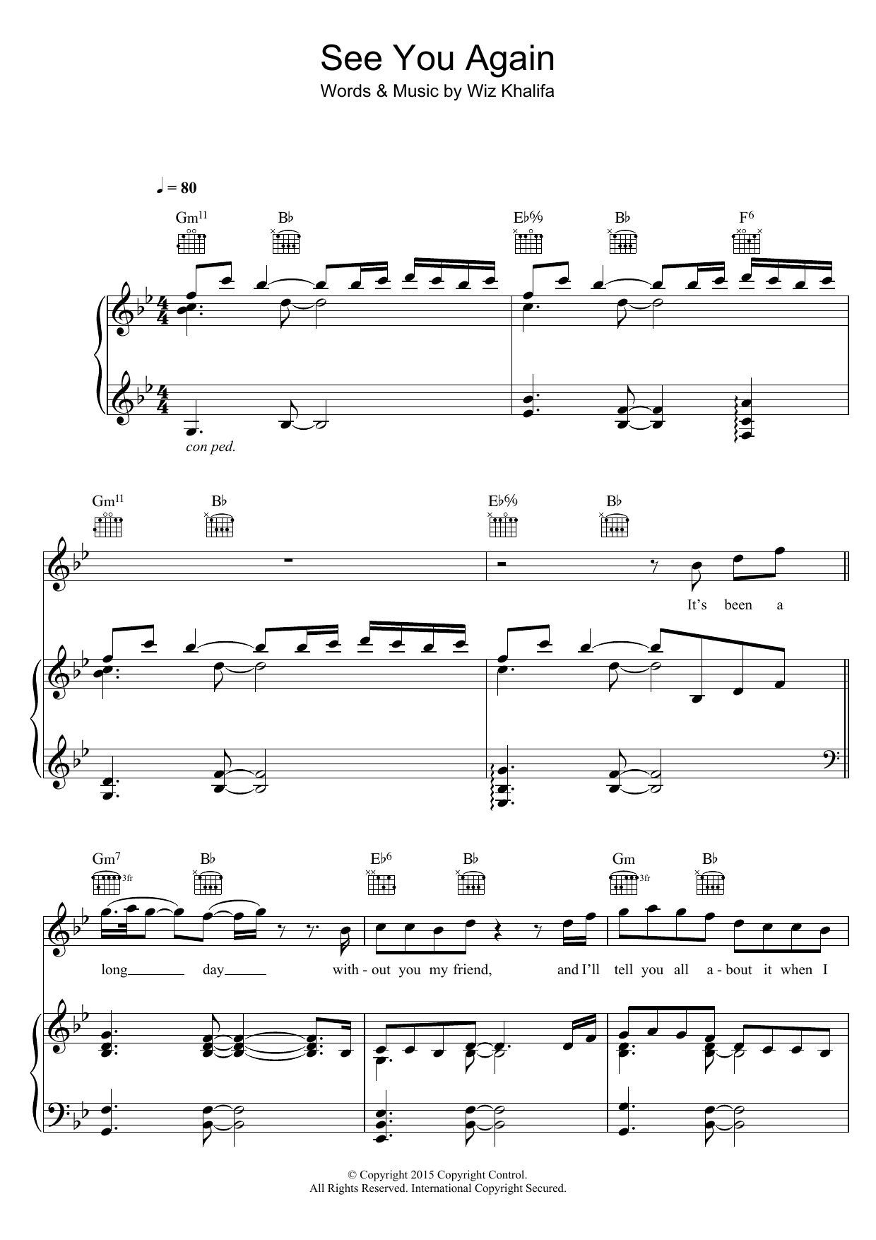 Wiz Khalifa See You Again (featuring Charlie Puth) sheet music notes and chords arranged for Keyboard (Abridged)