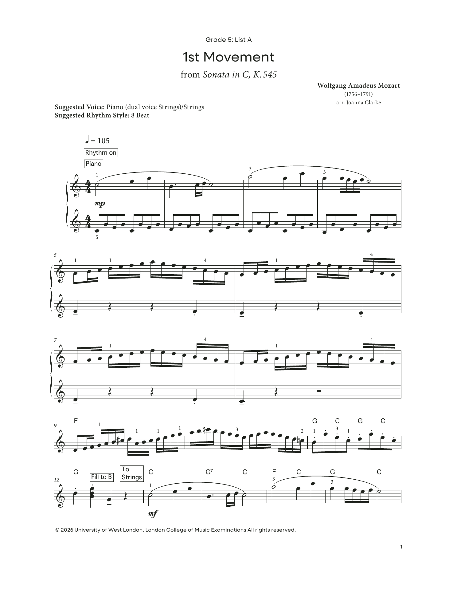 Wolfgang Amadeus Mozart 1st Movement from Sonata in C, K.545 (from LCME Electronic Keyboard Grade 5 List A) sheet music notes and chords arranged for Piano Solo