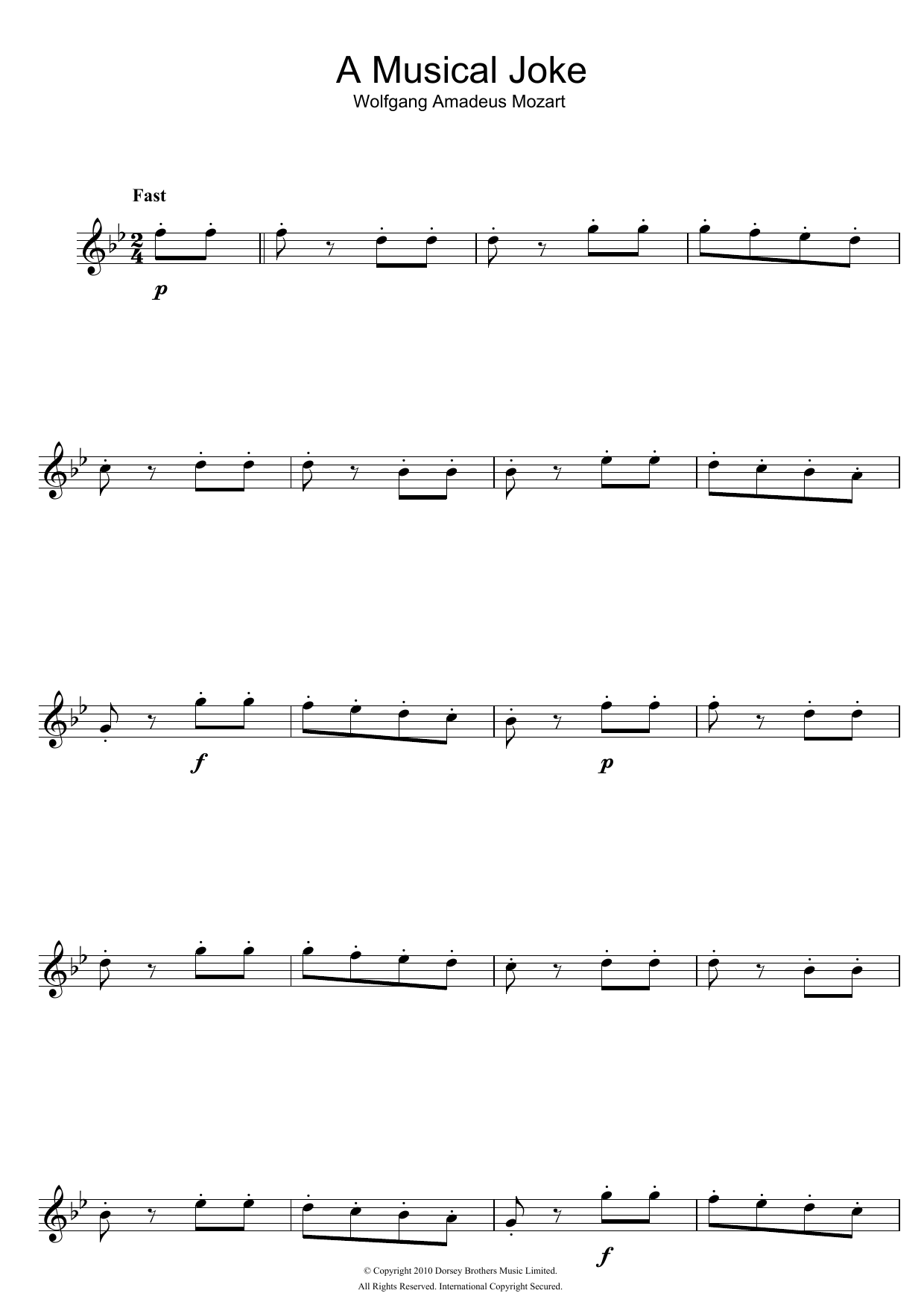Wolfgang Amadeus Mozart A Musical Joke sheet music notes and chords arranged for Piano Chords/Lyrics