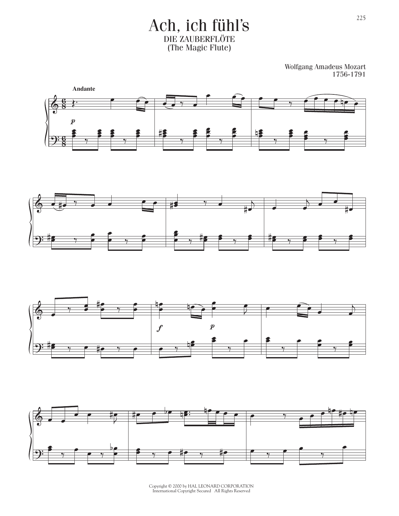 Wolfgang Amadeus Mozart Ach, Ich Fuhl's (The Magic Flute) sheet music notes and chords arranged for Piano Solo